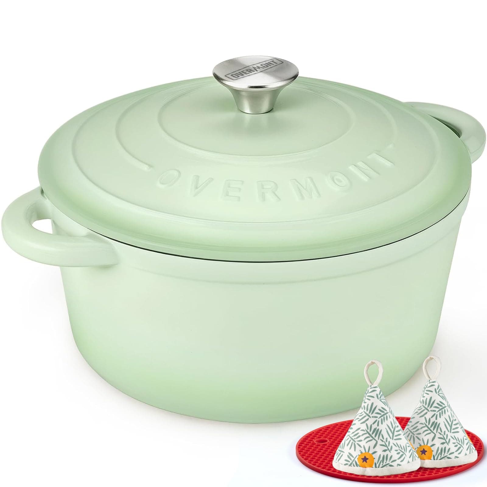 Overmont 5.5QT Enameled Cast Iron Dutch Oven - Cookware with Cookbook Cotton Heat-resistant Caps - Heavy-Duty Enamel Pot with Lid for Braising Stews Roasting Bread Baking Sage
