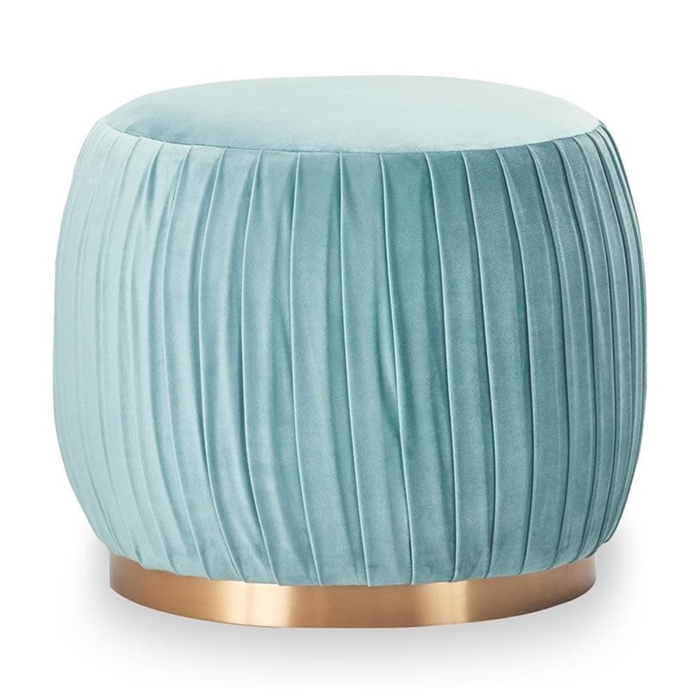 Adore Decor Jolie Pleated Ottoman, Modern Upholstered Tufted Small Round Vanity Foot Stool with Gold-Plated Base for Living Room, Bedroom and Bathroom, Teal