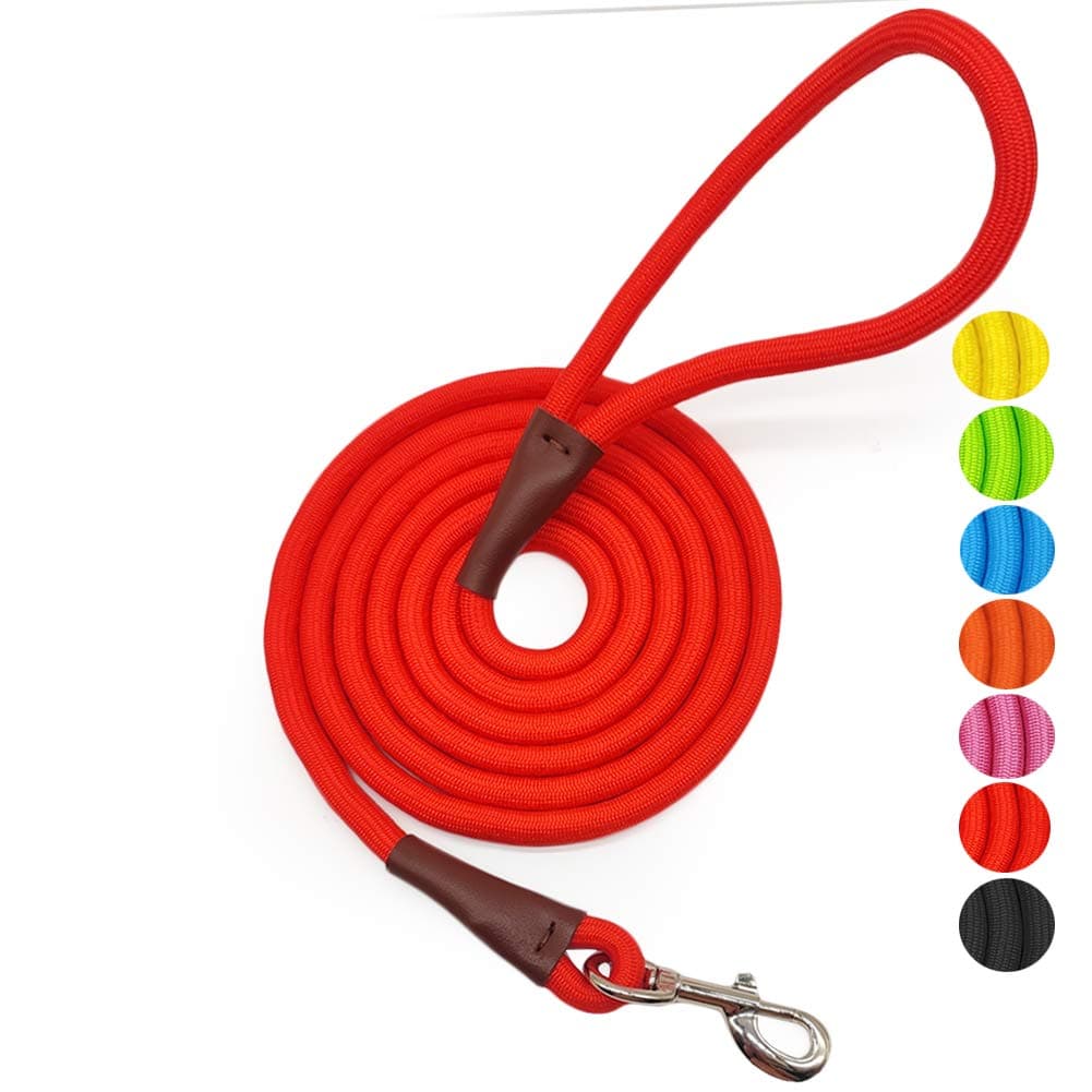 MayPaw 4FT/6FT/8FT/10FT Dog Leash, Classic Solid Colors, Strong Nylon Rope Dog Leash Reinforced with Leather Tailor Connection Heavy Duty Silver Clasp (Red, 4ft*1/2")