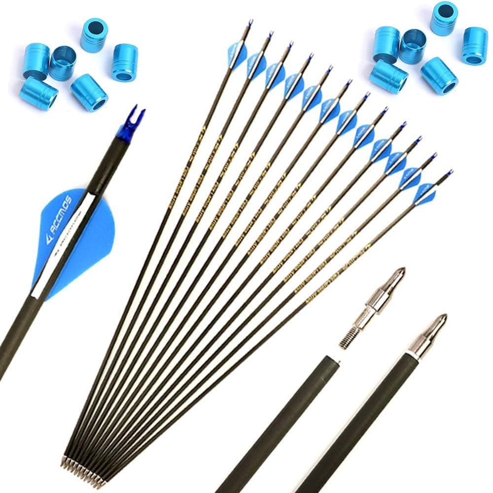 PHILOCS 12pc 30-Inch Spine-800 Arrow Removable Tips Targeting Hunting Arrow Plastic Fletching 2 Inch Vane Carbon Arrows for Compound Bow Recurve Bow Adult Youth Archery Blue White