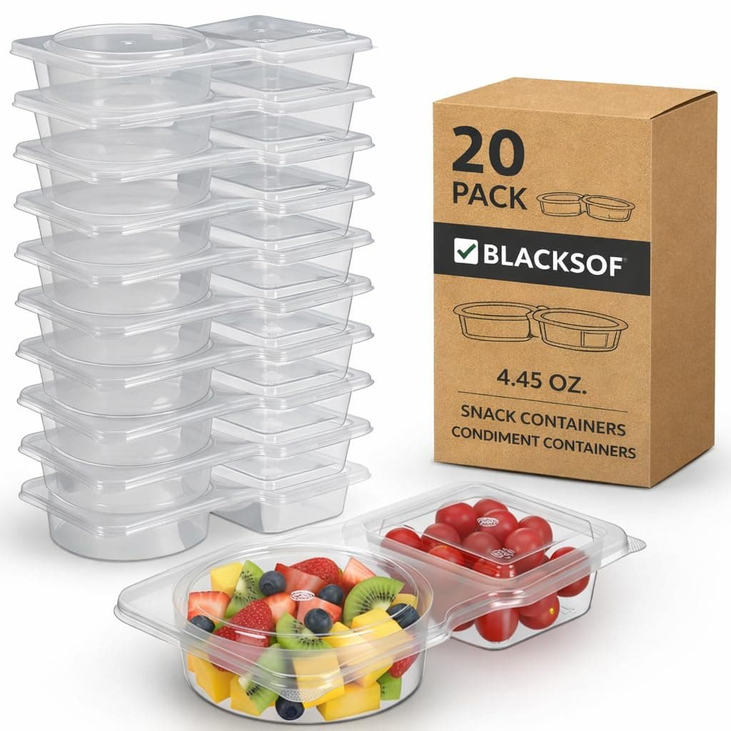 20 Pack Leakproof 2-Compartment Snack Containers with Lids – BPA-Free Meal Prep Sauce Cups for Kids & Adults – Stackable, Reusable Food Storage