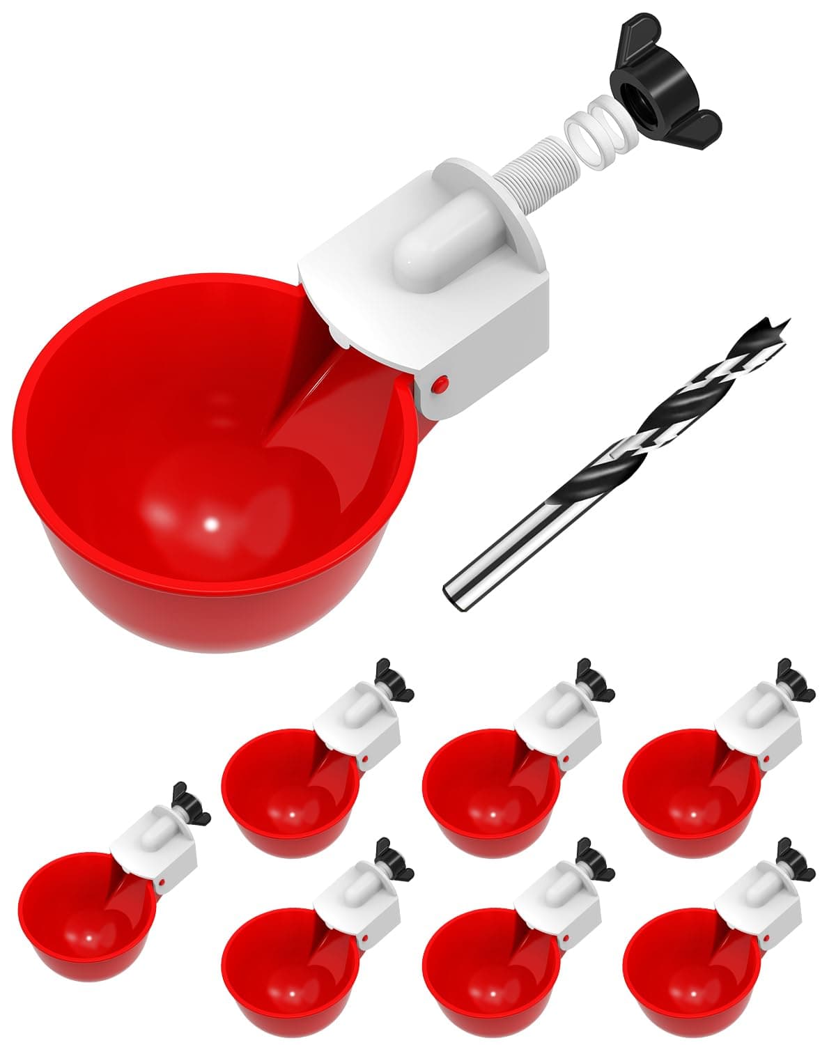 Psarnuk Chicken Waterer Cups (8 Pack/Red) - DIY Automatic Large Chicken Water Feeder for Ducks,Chicks, Turkeys, Quail, Bunny, Bird and Other Various Poultry Dispenser with Matching Drill