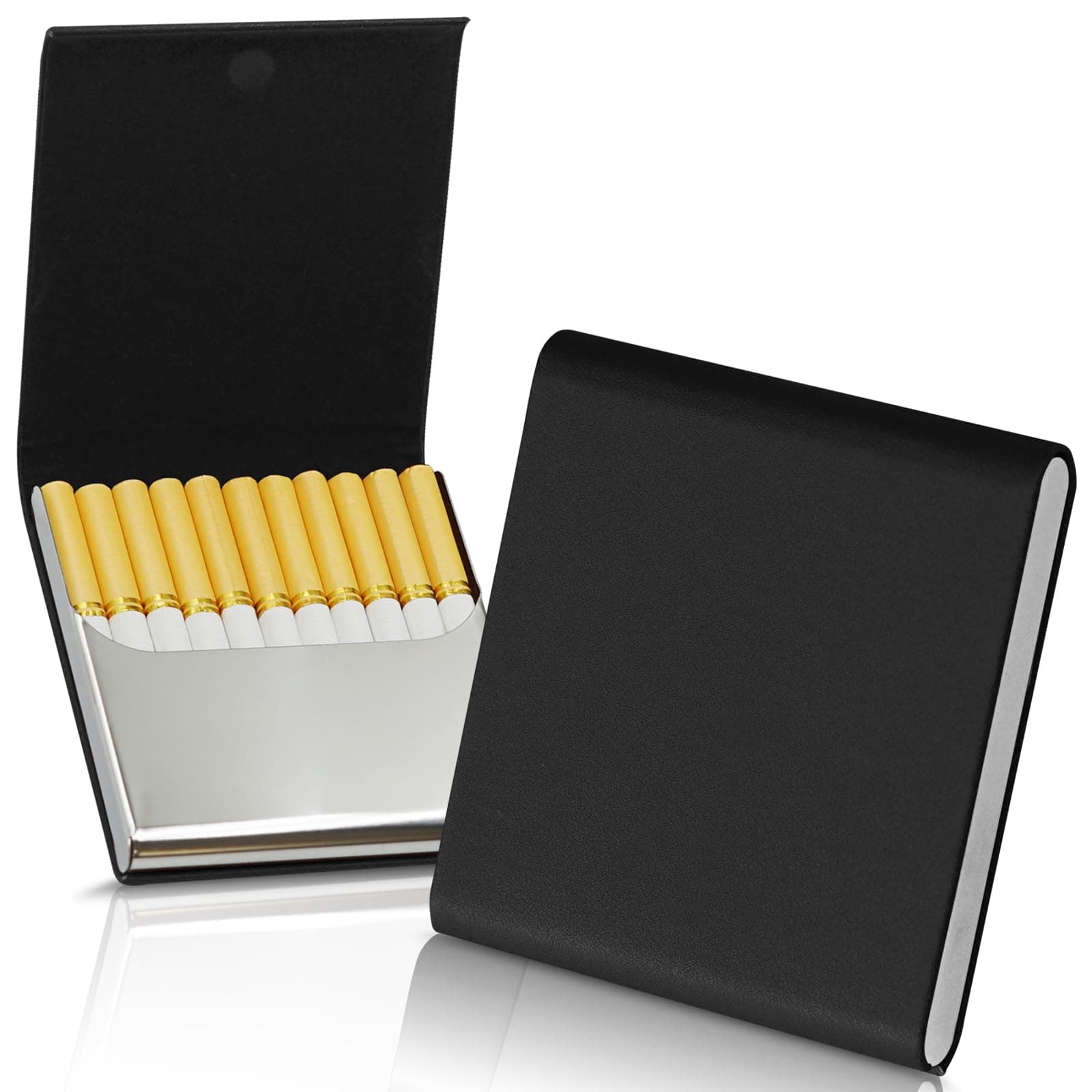 ZHOMA Portable Slim Leather Cigarette Case with Magnetic, Metal Cigarette Carrying Box for Hold 10 Regular Size Cigarettes, Ultra-Thin One-Hand Operate Cigarette Pocket for Men and Women -Black