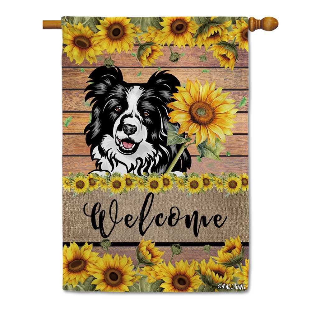 MALIHONG Sunflower Welcome House Flag Lovely Border Collie Dog Summer Floral Large Flag 28x40 Inch Vertical Double Sided Farmhouse Yard Garden Decor