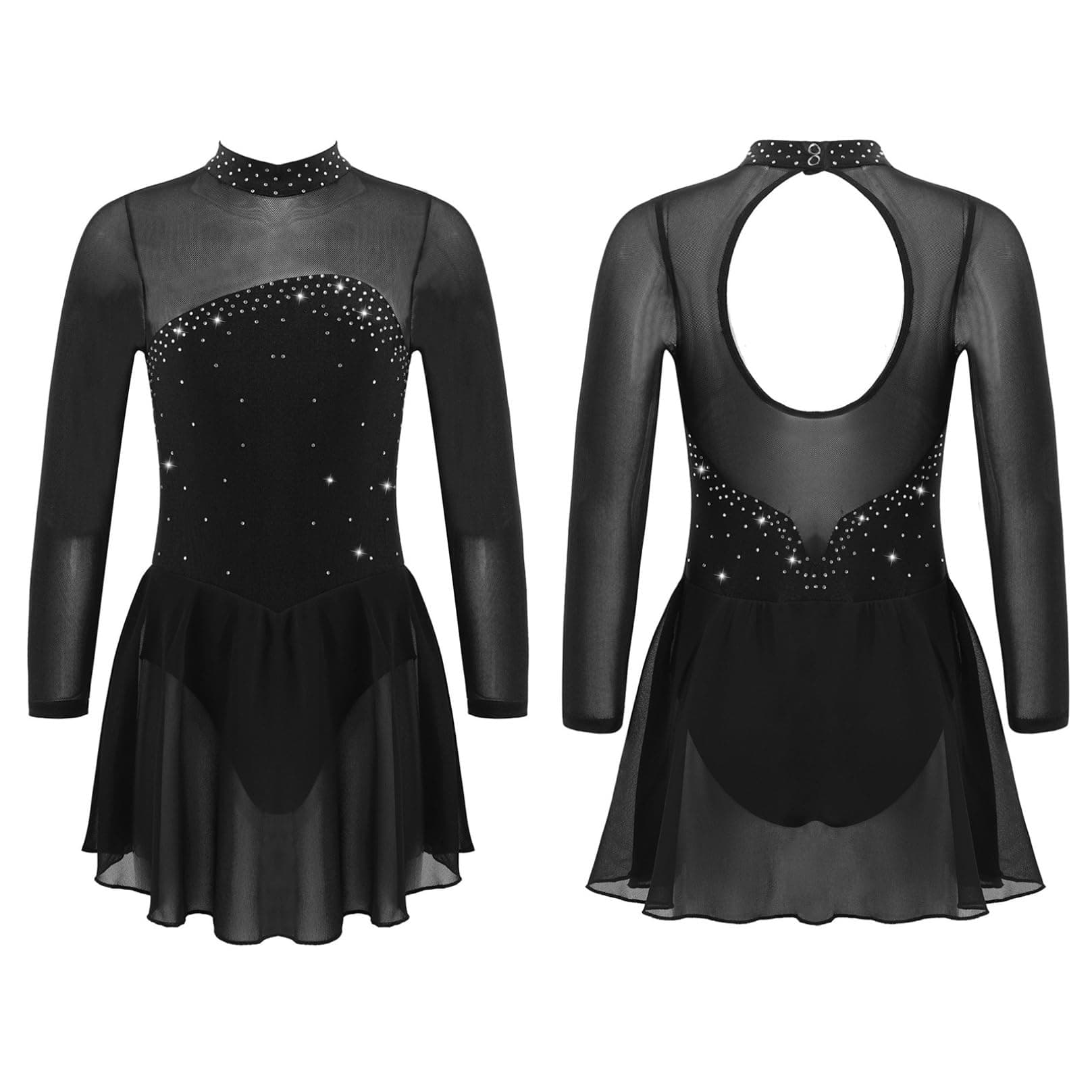 Agoky Figure Skating Dress for Girls Gymnastics Tutu Skirt Ballet Dance Leotard Rhinestones Ballerina Outfits Black 14 Years
