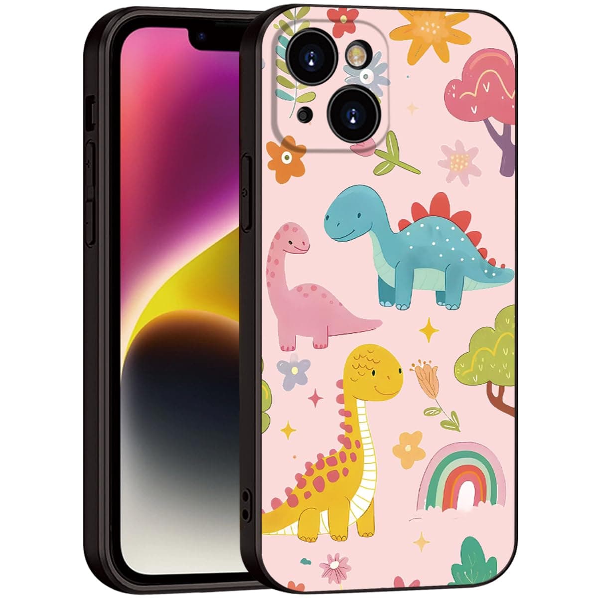 ZGKTWX for iPhone 13 Case Dinosaur Cartoon Cute Pink Phone Case - 3 Colorful Dinosaurs with Flowers & Rainbow Design, Playful & Stylish Protective Cover for Girls & Women (B1-Cartoon Cute Dinosaurs)