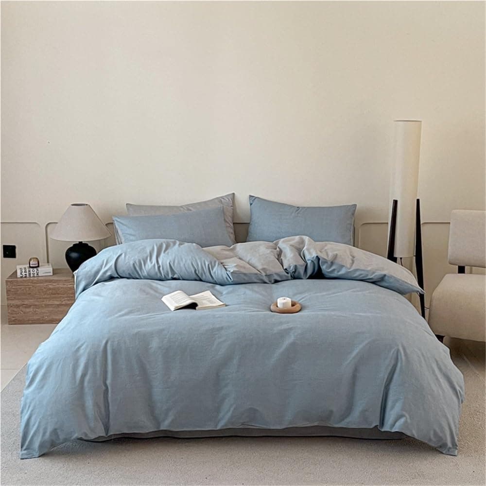 RASRGTRQ Queen Comforter Set Cotton Simple Printed Four-Piece Bedding Set Nordic Stripes & Checks - Suitable for All Seasons(Color 31,Queen Size)