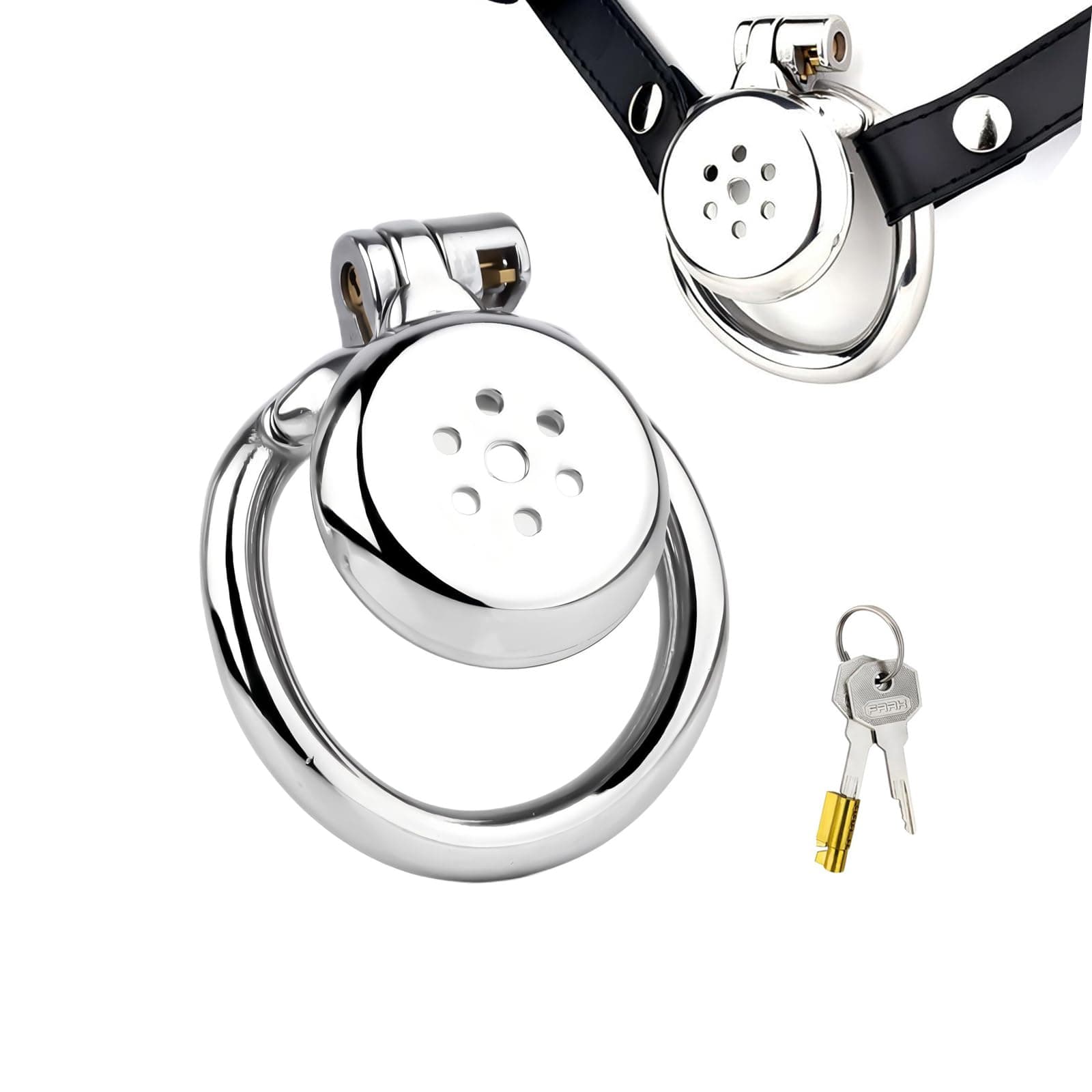 Male Chastity Device Flat Chastity Cage with Invisible Lock and Belt Breathable Cock Cage Made of Metal for Man Penis Bondage Sex Toys Arc Ring Stainless Steel Penis Cage (1.77in,B)