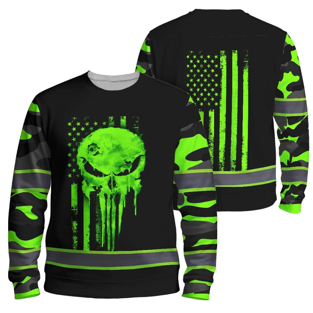 Maddly High Visibility Skull Sweatshirt, Reflective Long Sleeve Crewneck Sweatshirt for Night Rider, Cyclists & Outdoor Work