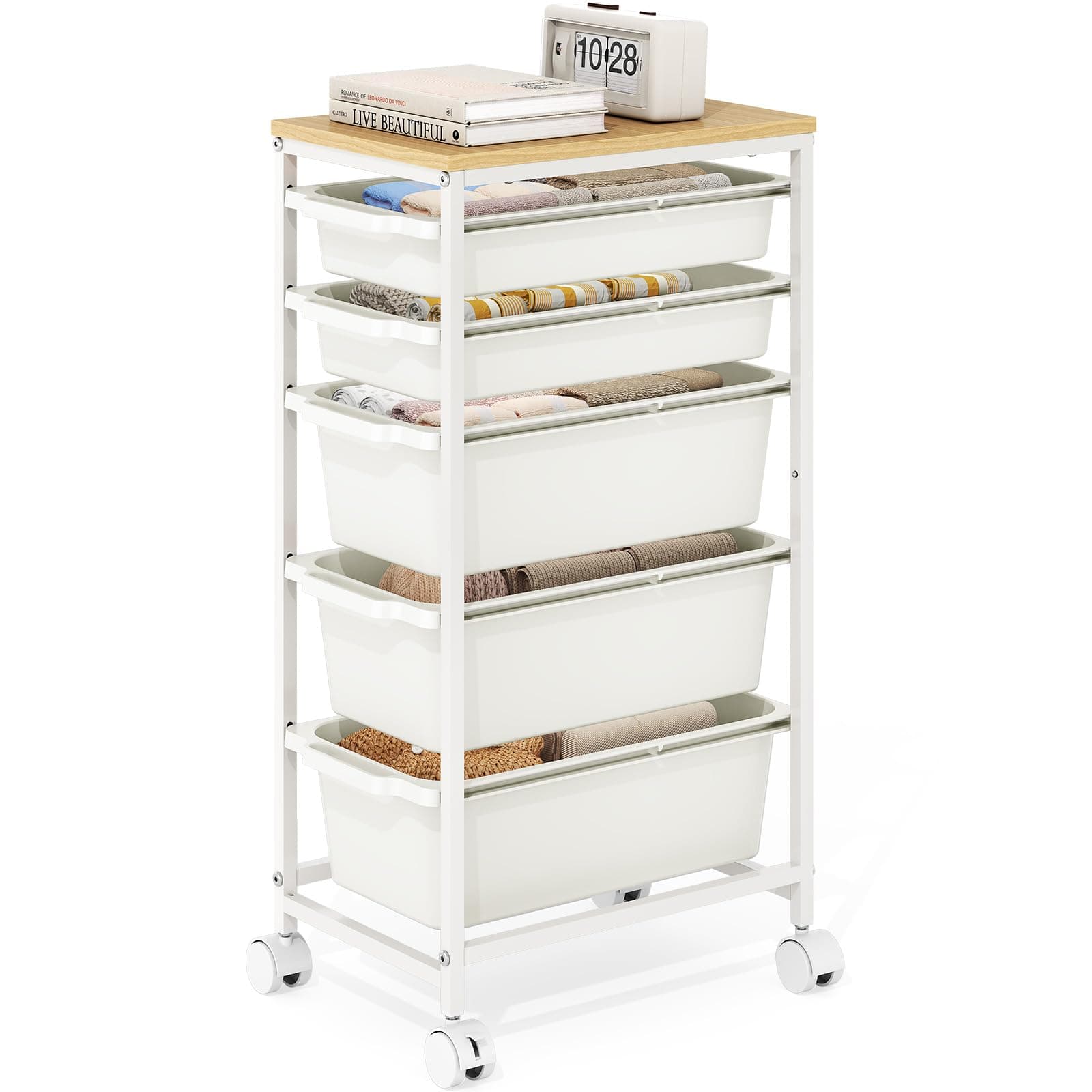 KINGBOARD Slim Rolling Cart with 5 Drawers, Metal Utility Storage Cart | Wooden Tabletop, Lockable Wheels, Table Side Trolley for Bedroom, Children's Room and Office Organization, White