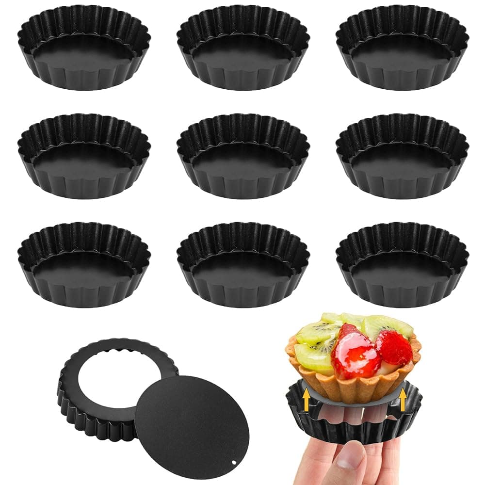 ESJNK 10pcs Mini Egg Tart Mold Carbon Steel Round Reusable Tart Mini Pie Mold Heat Resistant Oilproof Baking Tools Lined Mould for Pastry DIY (8cm)