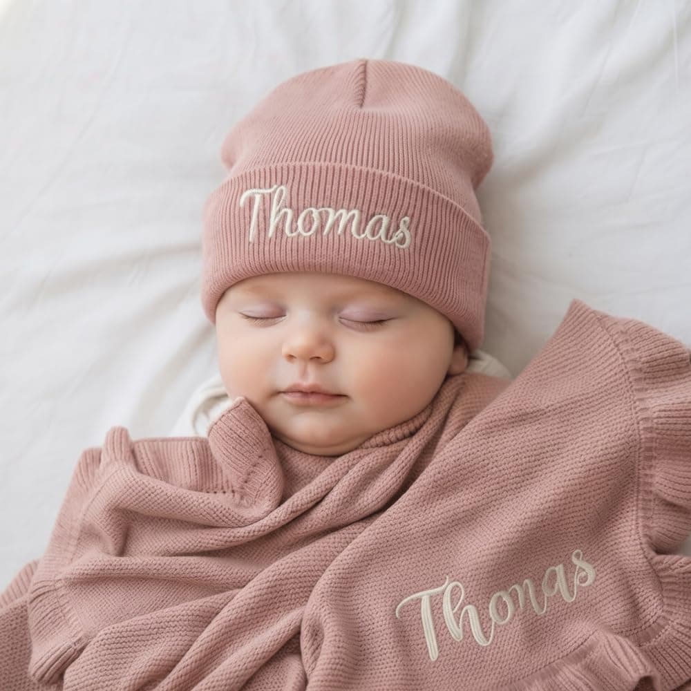 Personalized Embroidered Baby Blanket with Name,100% Cotton Newborn Baby Gifts for Boy Girl,40 * 30 inch, Customized Handmade Chunky Knit Nursery Blanket, Kids Birthday & Baby Showers Style 4