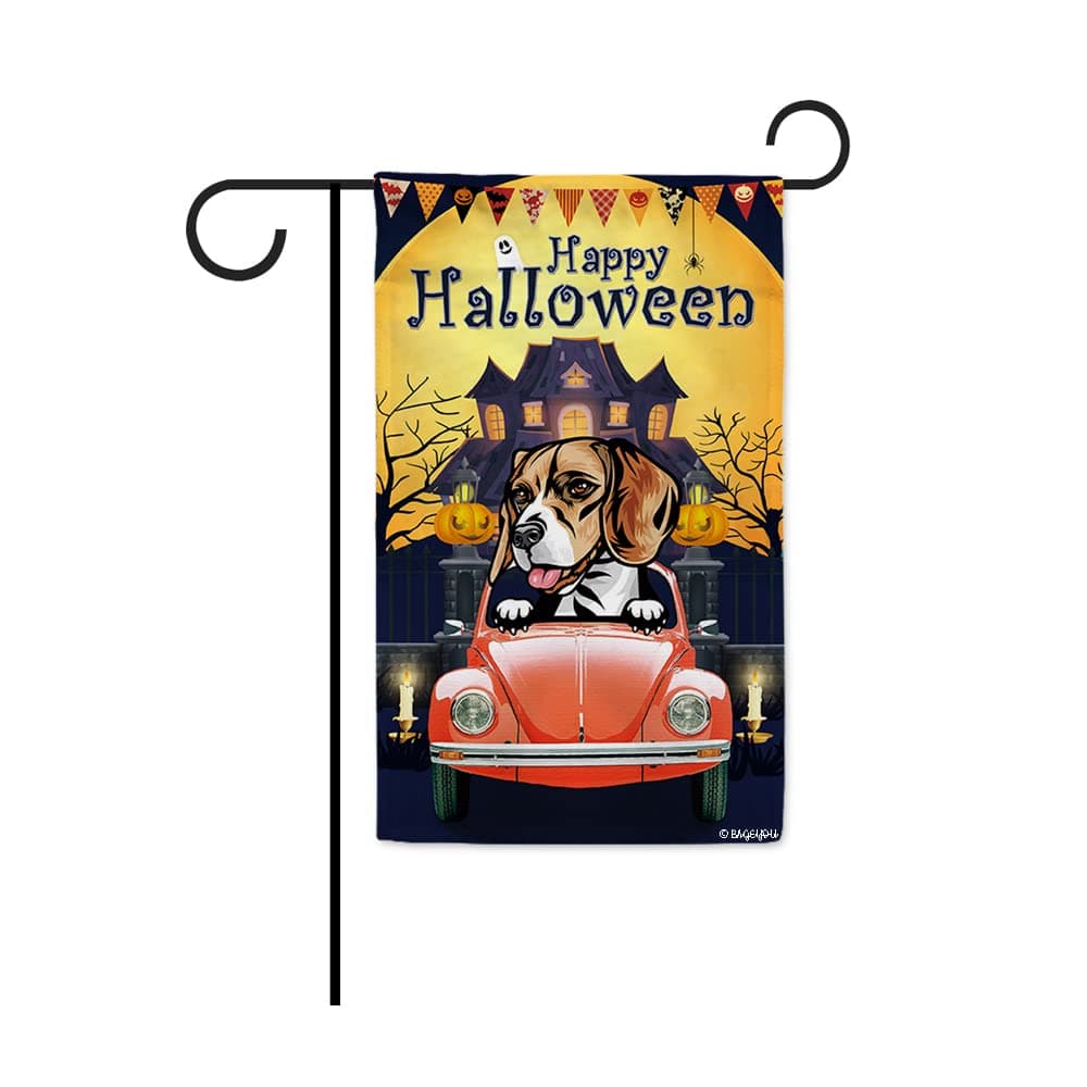 MALIHONG Happy Halloween Garden Flag Clever Dog Beagle with Pumpkin Lantern Ghost Banner for Outdoor Home Decor 12.5x18 Inch Print Double Sides