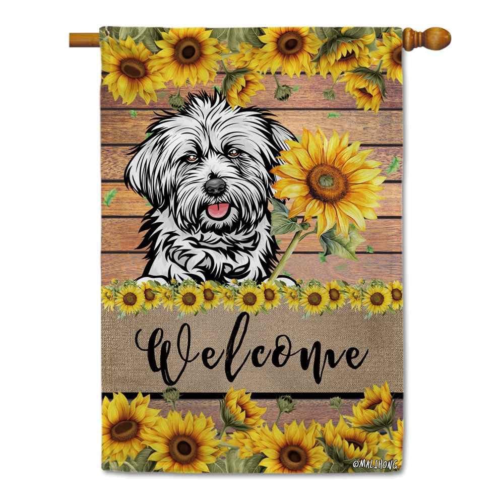 MALIHONG Sunflower Welcome House Flag Lhasa Apso Dog Summer Floral Large Flag 28x40 Inch Vertical Double Sided Farmhouse Yard Garden Decor