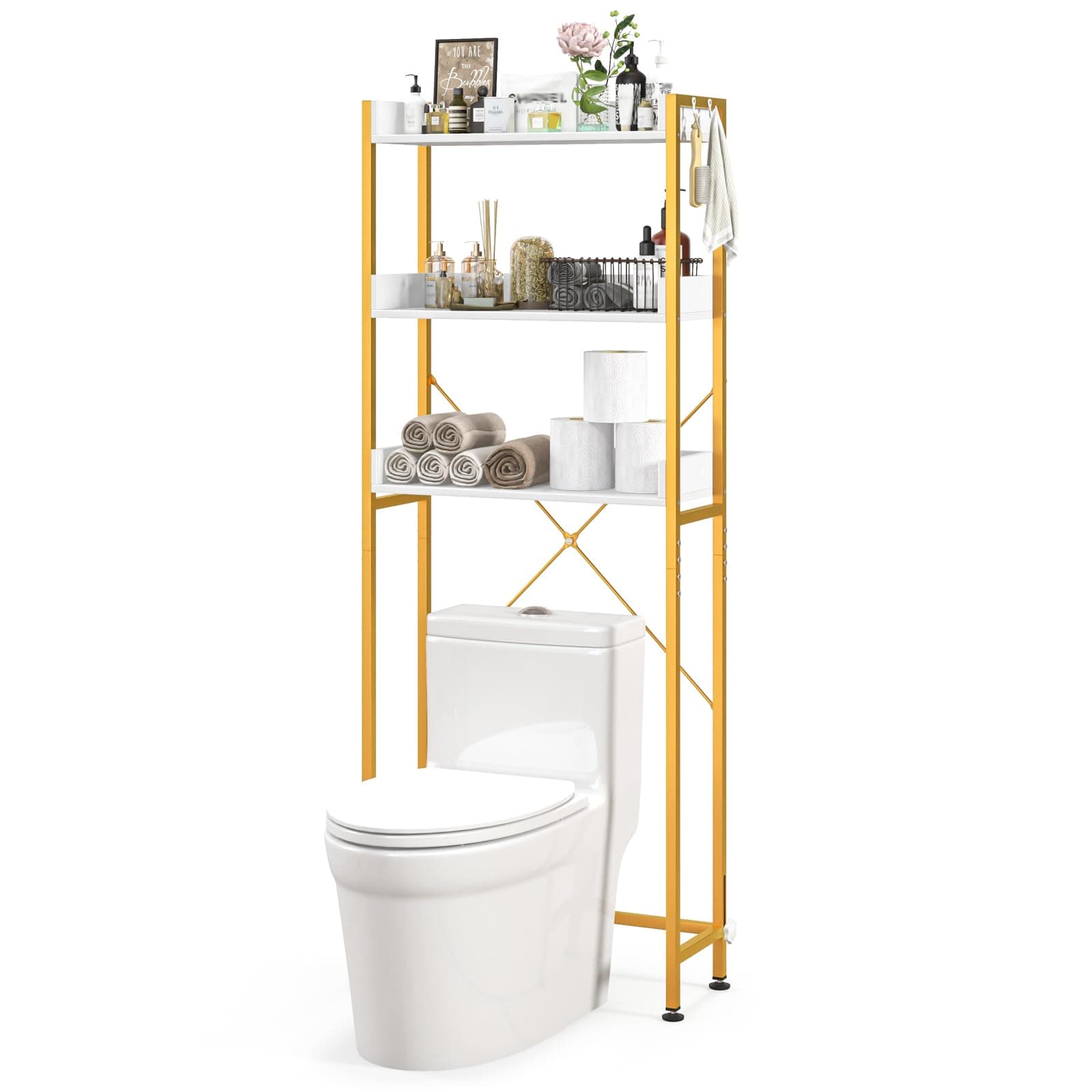 LOKO 3-Tier Over The Toilet Storage Rack, Bathroom Space Saver Shelf, Freestanding Above Toilet Organizer with 4 Hooks, Anti-Tipping Device, Metal Frame Toilet Rack for Balcony Laundry (White+Gold)