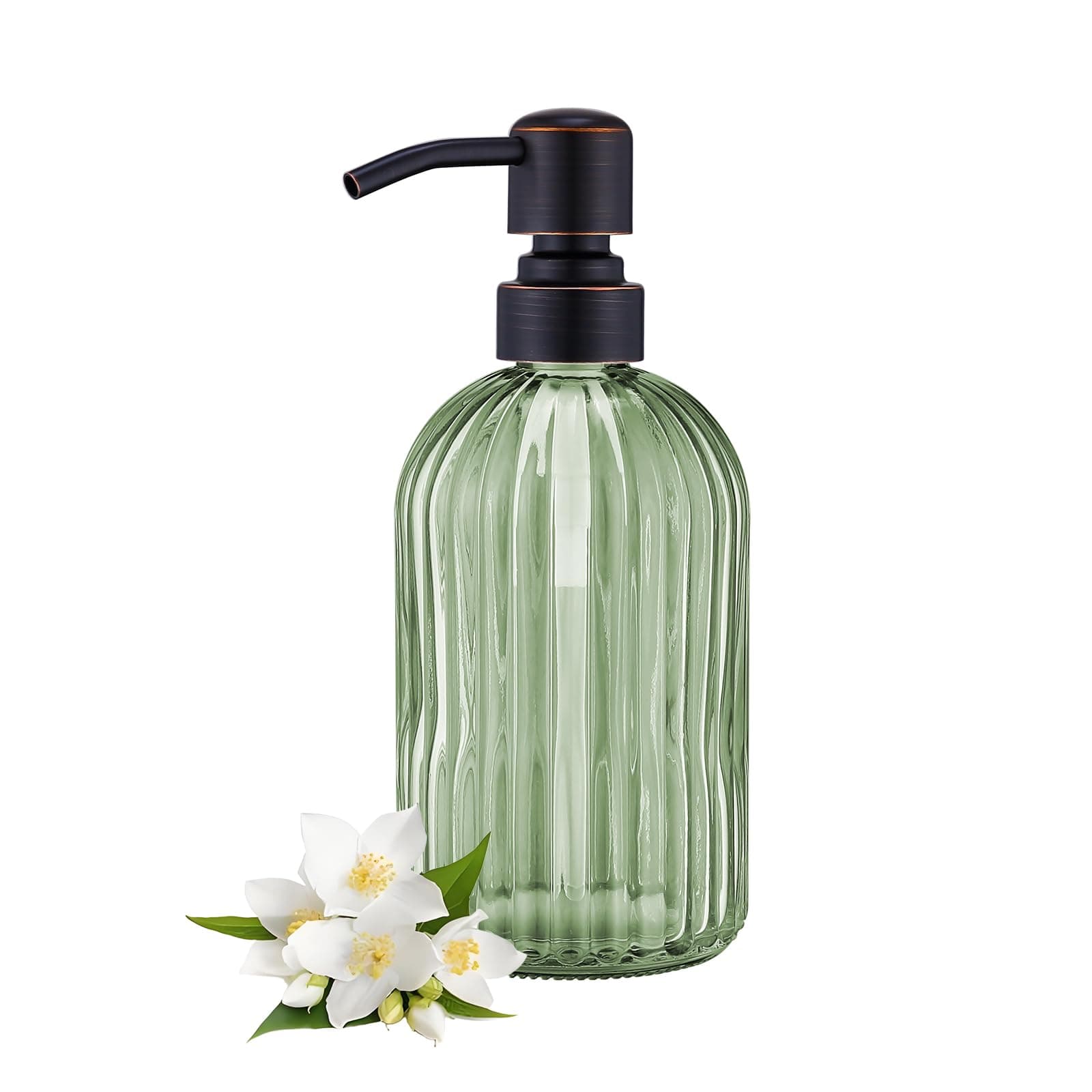 16Oz Green Glass Soap Dispenser with Rust Proof Bronze Stainless Steel Pump, Green Countertop Refillable Liquid Lotion Dispensers with Stainless Steel Pump, Oil Rubbed Bronze Soap Dispenser