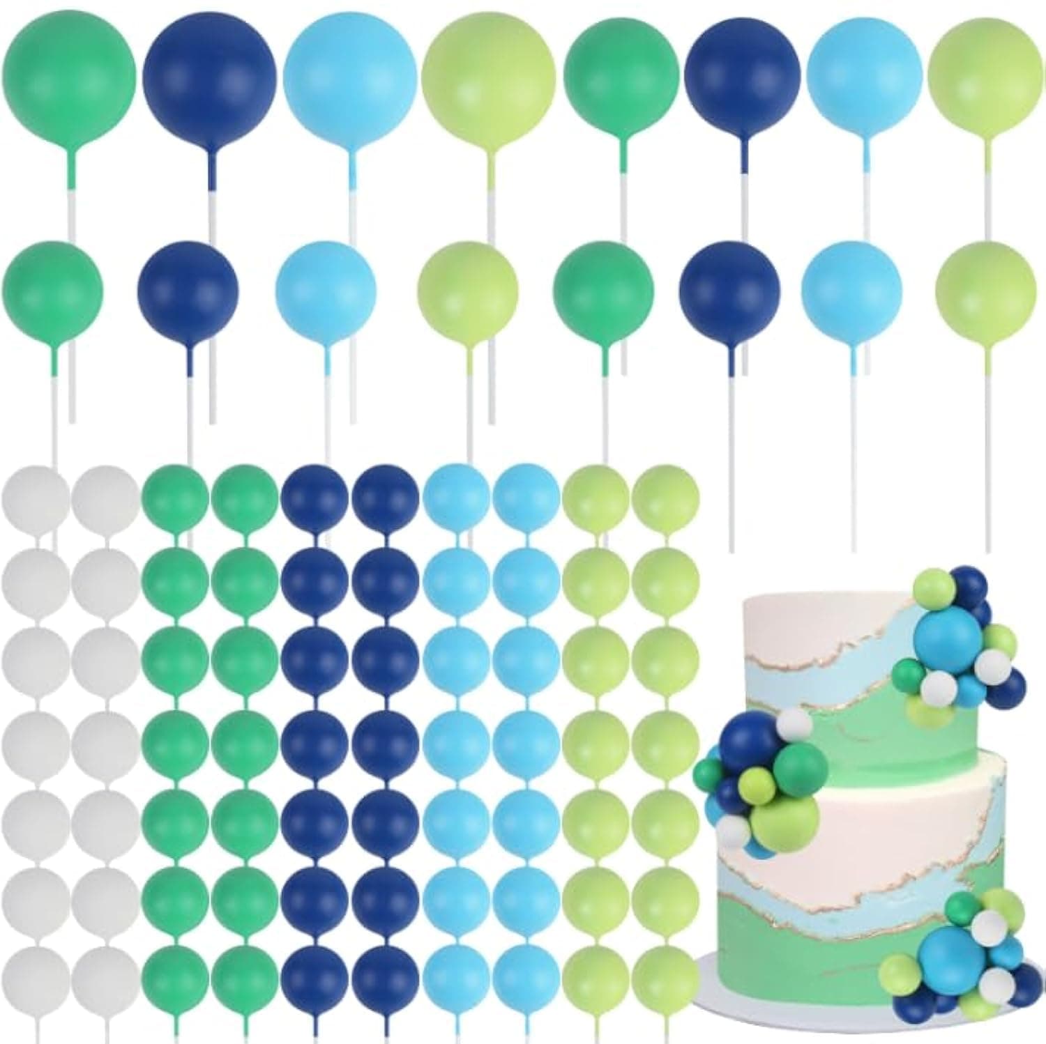 CORNER LACE 52 Pcs Ball Cake Decorations - Light Dark Blue Green White Ball Dessert Picks Cake Cupcake Toppers, Birthday Party Baby Shower Gender Reveal Cake Supplies