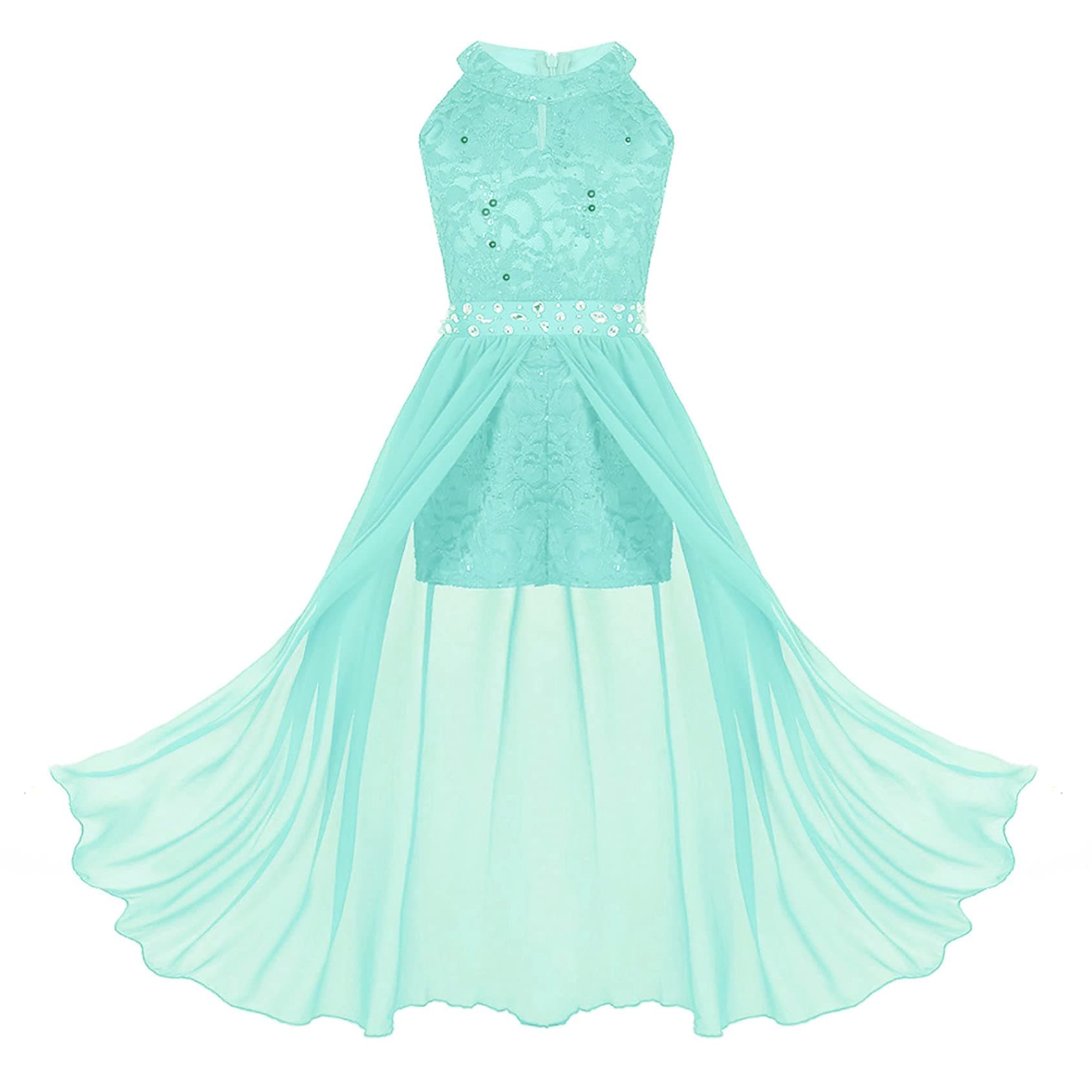 Hedmy Fashion Girls Dress Rhinestone Chiffon Bridesmaid Dance Ball Lace Gown Flowy Maxi Dance Dress Dancewear Mint Green 6 Years