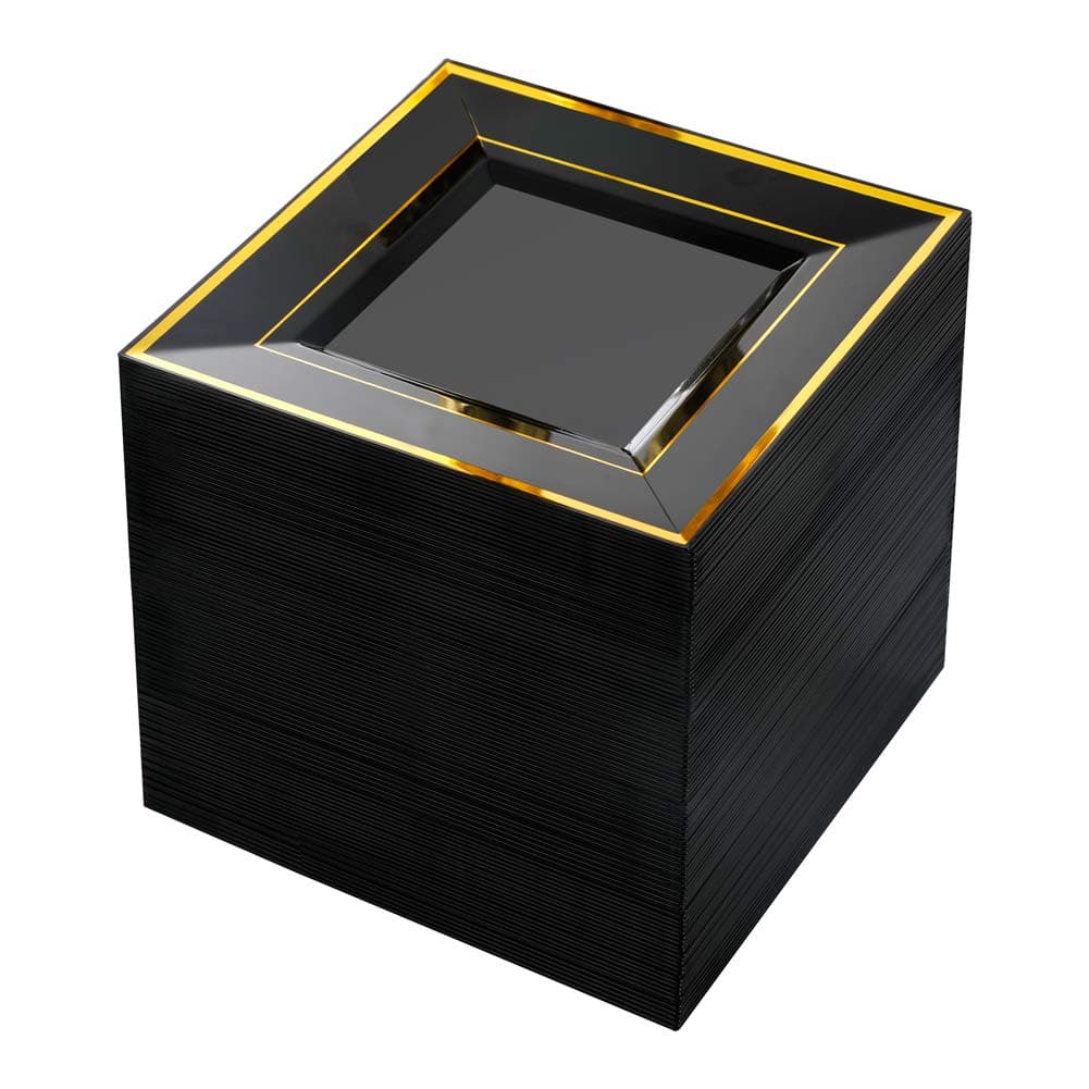 bUCLA 100PCS Black Square Plastic Plates with Gold Rim-6inch Disposable Cake Plates- Premium Hard Square Small Appetizer Plates for Graduation/Wedding/Party