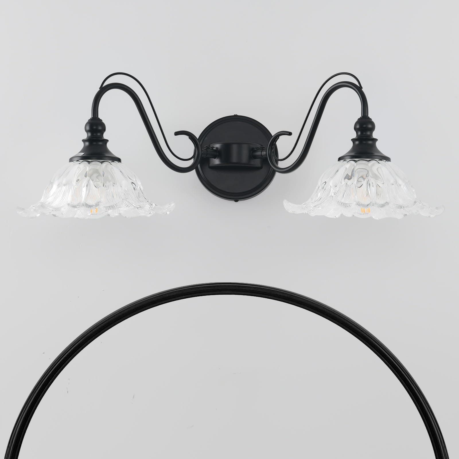 Pandaluna Vintage Bathroom Vanity Light Fixture, 2-Light Antique Matte Black Finish with Clear Flower-Shaped Glass Shades, E26 Base, 23.2 Inch Vanity Light Bathroom Lighting Fixtures Over Mirror