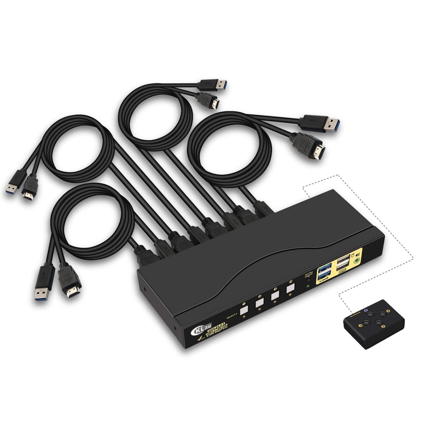 CKLau 4 Port KVM HDMI Switch with Digital Audio Output, All Input Cables and 2 pcs USB 3.0 Hub, 4x1 HDMI KVM Switch USB 3.0 Supports Wireless Keyboard Mouse, 4K@60Hz 4:4:4, HDMI 2.0, HDR 10, EDID