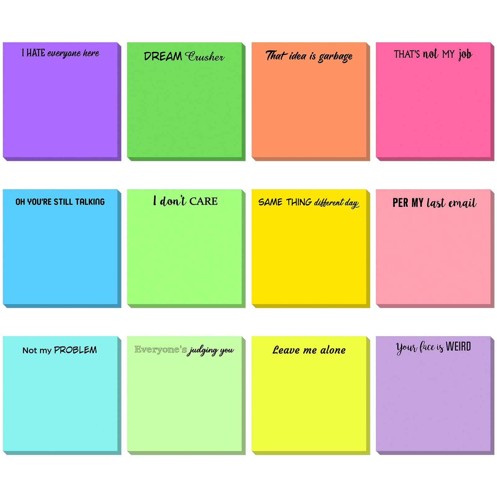 12 Pcs Teacher Appreciation Week Gifts Snarky Office Sticky Notes Funny Note Pad Work Suck Complaining Quotes Vibrant Negative Passive Notepad Adhesive Memo Pad for Colleague 3 x 3 Inch(Stylish Style)