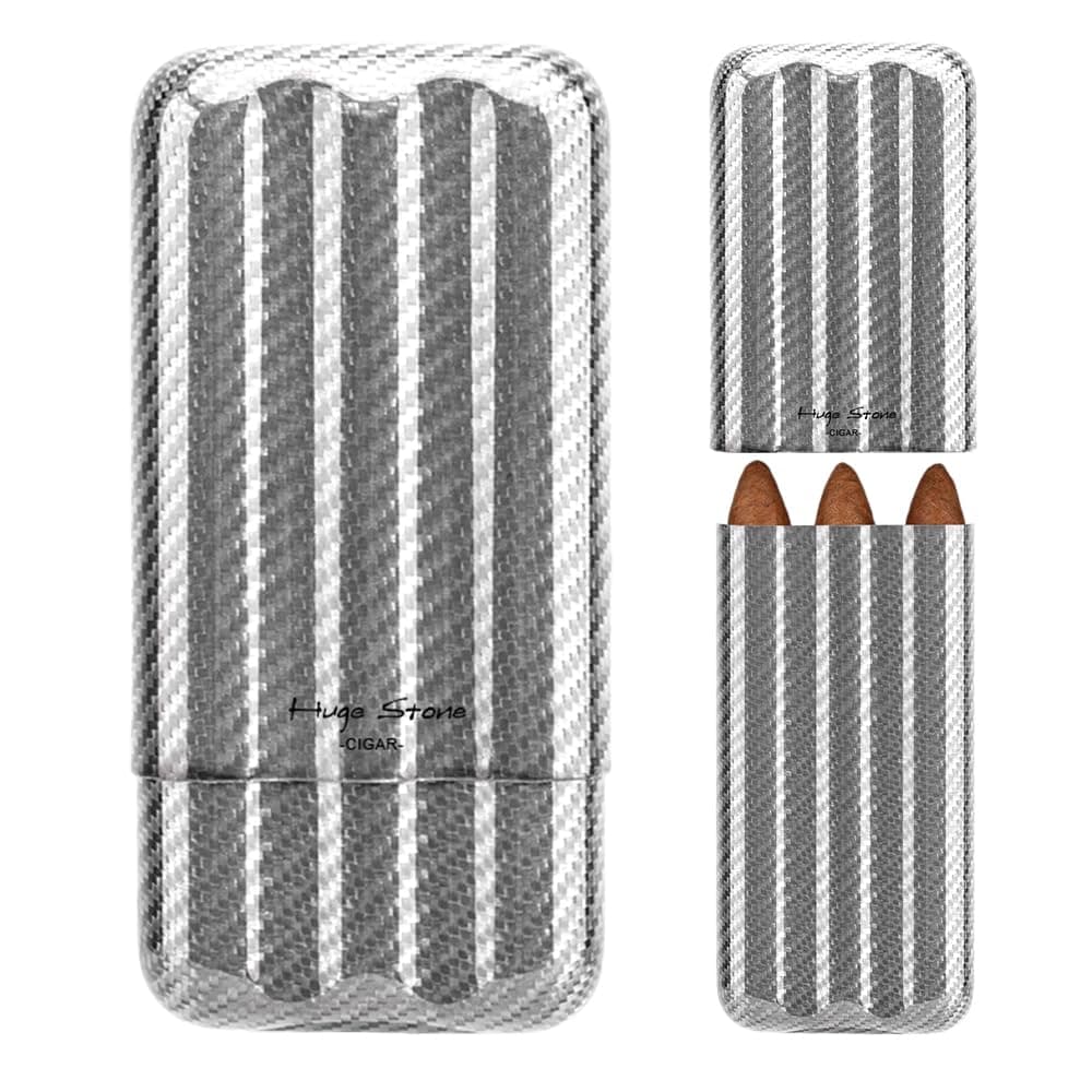 OCEANSPACE Carbon Fiber Cigar Travel Humidor Case - 3 Capacity Portable Holder for Up to 8.66 inch, Gift Boxed for Men (Silver)