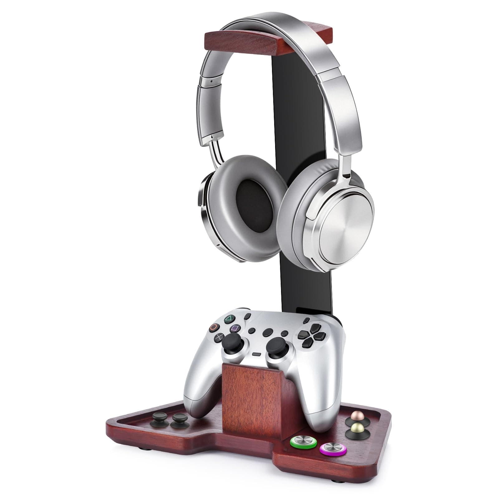 LIVSMON Walnut Wood Headphone & Controller Stand, 2-in-1 Desk Organizer with Storage Base for PS4 PS5 PC, Gamer Gift