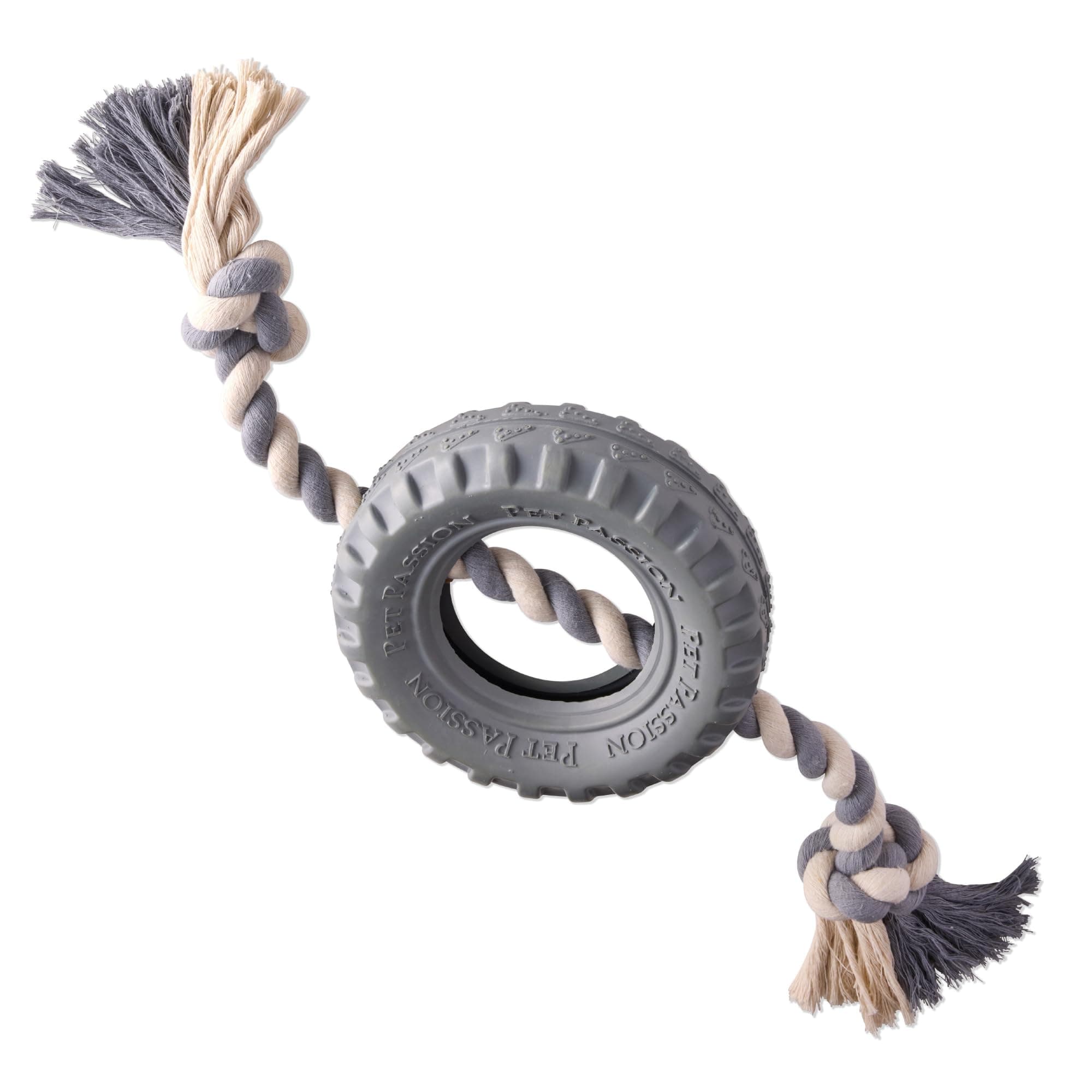 Tracker - The Tug Toy, Natural Rubber Tire and Organic Cotton Rope Pull and Chew Dog Toy for All Pet Breeds, Gray, Small