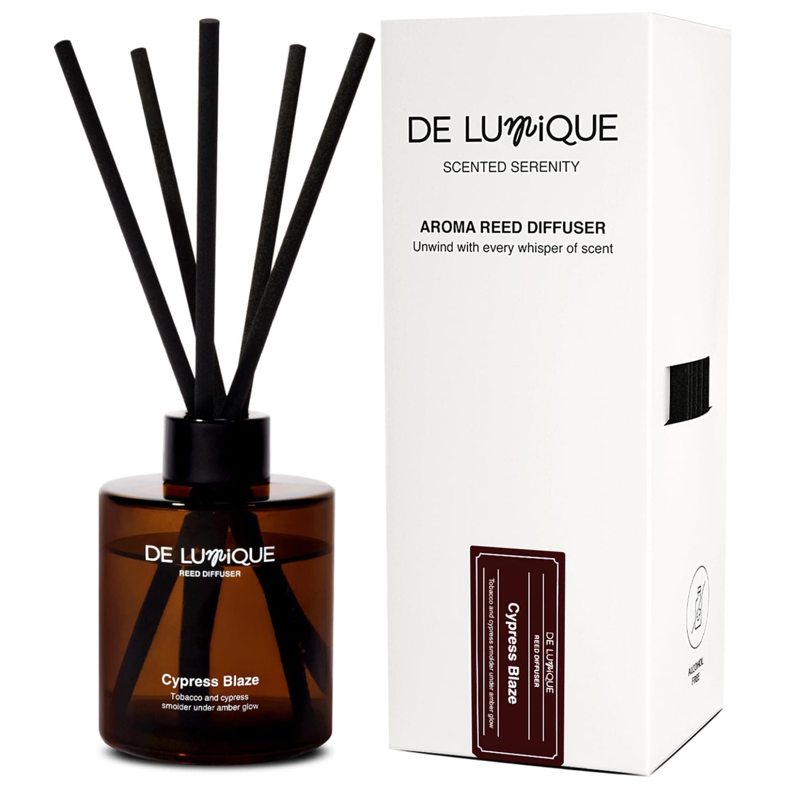 De Lumique Cypress Blaze Scent Aromatherapy Diffuser – Long-Lasting Home Fragrance Diffuser with Tobacco, Cypress & Grapefruit – Scented Oil Sticks for Room, Office, or Bathroom – 150ml