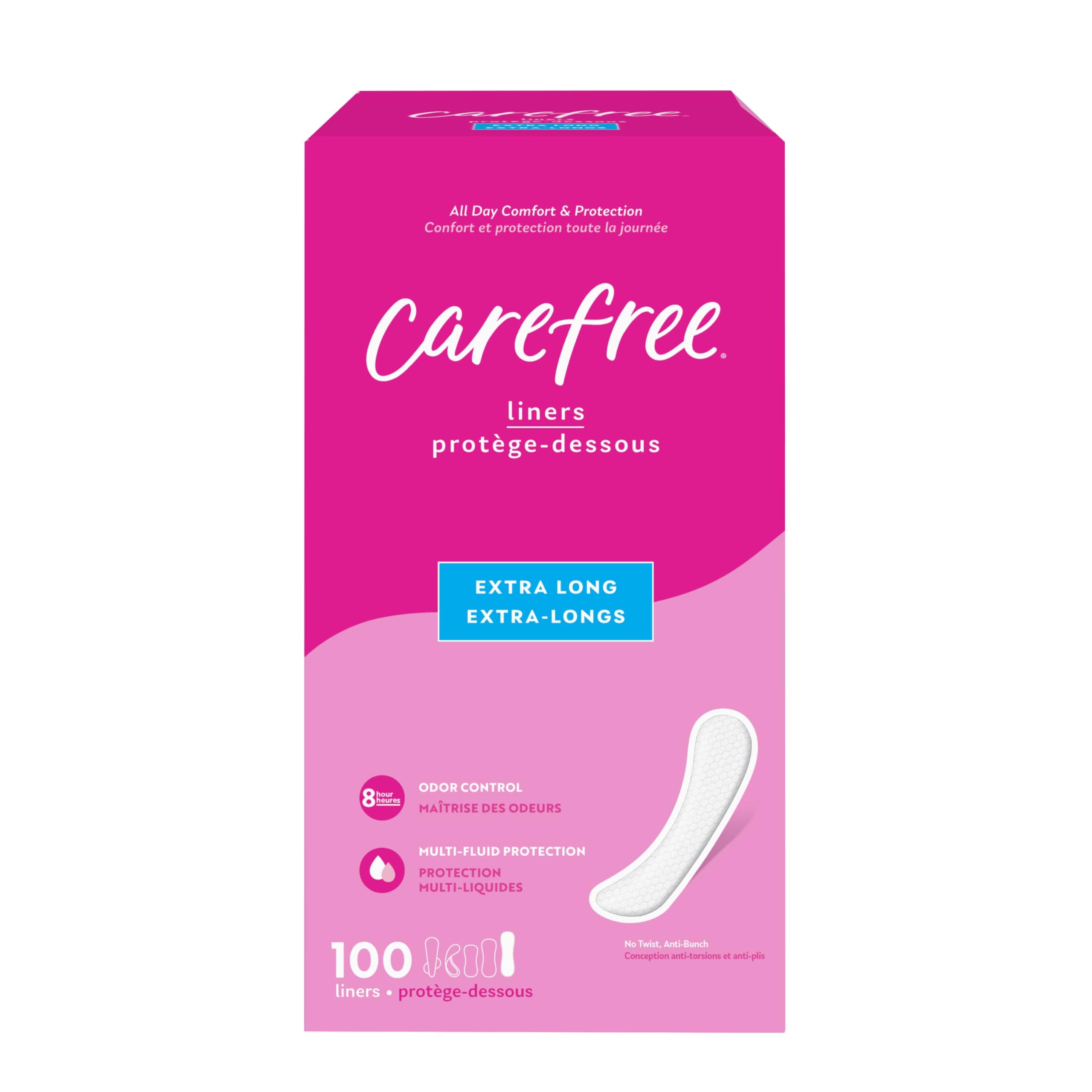 Carefree Panty Liners for Women Extra Long, Unwrapped, Unscented, 100 ct