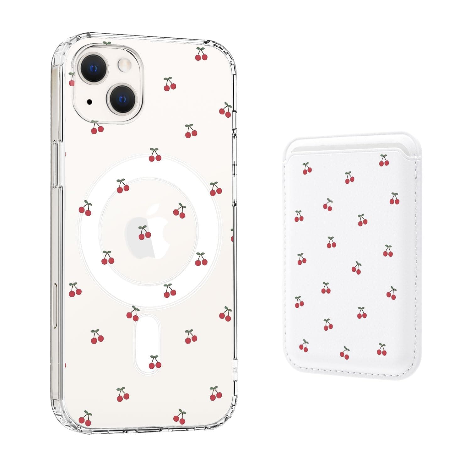 AdorableWhimsy for iPhone 16 Pro Case with Magsafe Card Holder, Cute Cherry Kawaii Design Clear Magnetic Case with White Leather Magnetic Wallet for Women Girls Aesthetic Preppy Printed Cover