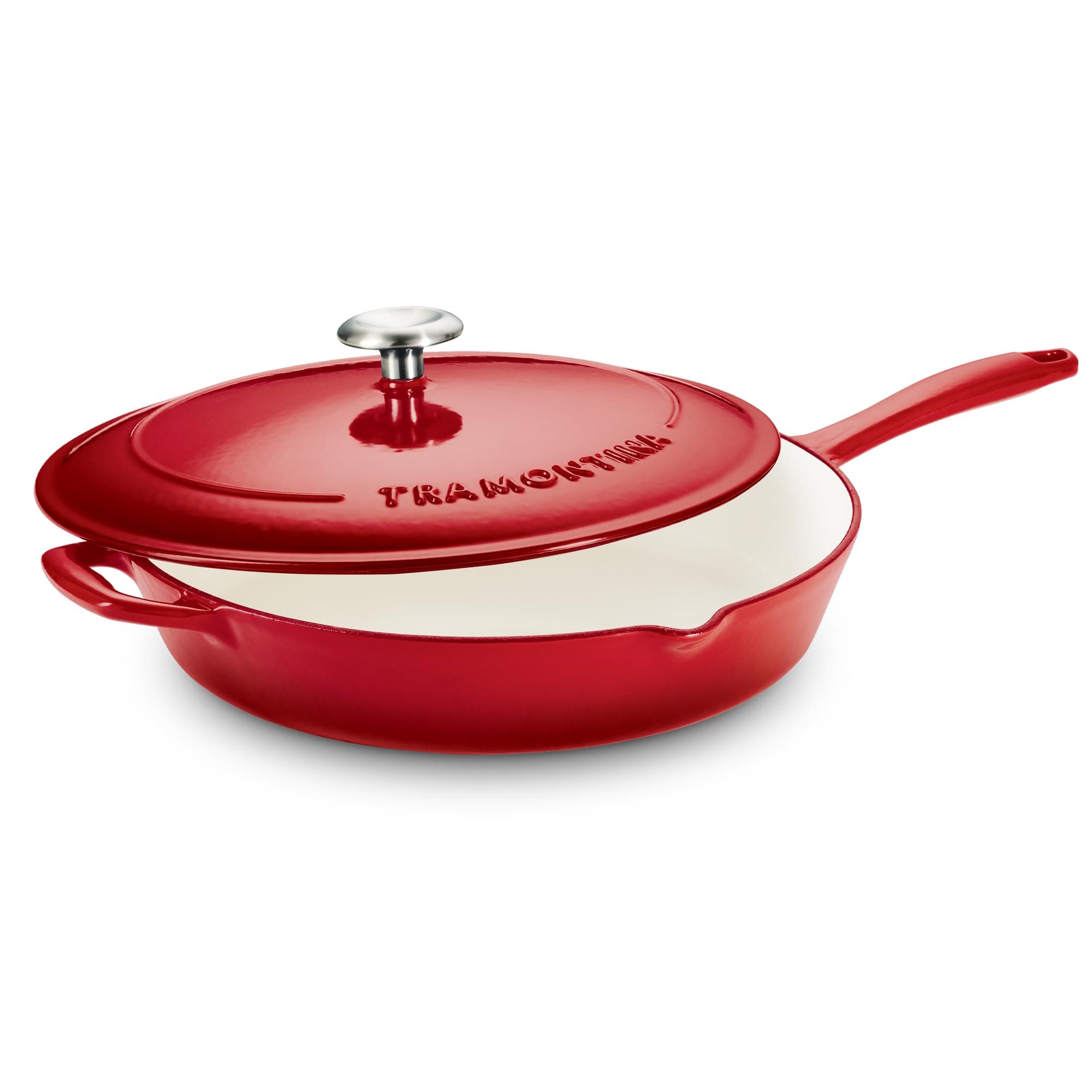 TRAMONTINA Bestow Fry Pan 30 cm with Lid | Enameled Cast Iron Cookware | Even Heat Retention | Low Oil Healthy Cooking | No Seasoning Required | Stainless Steel Knob | All Cooktops Compatible | Red