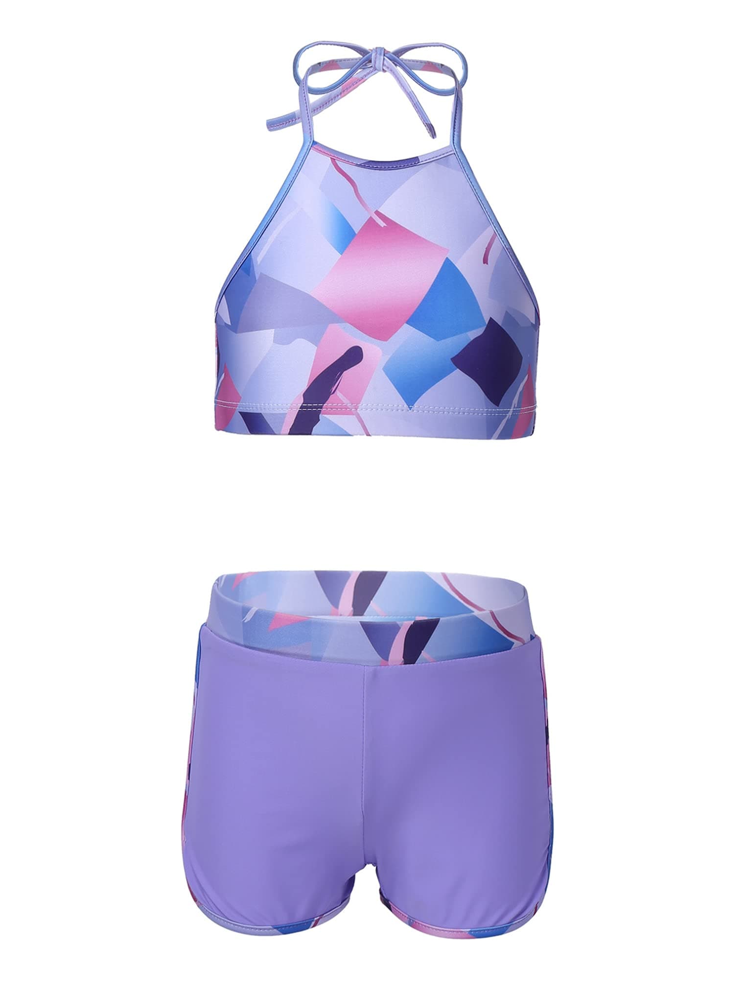 vastwit Kids Girls Halter Neck Crop Top with Boycut Shorts Colorful Print Dance Gym Tracksuits Summer Swimwear Purple 8