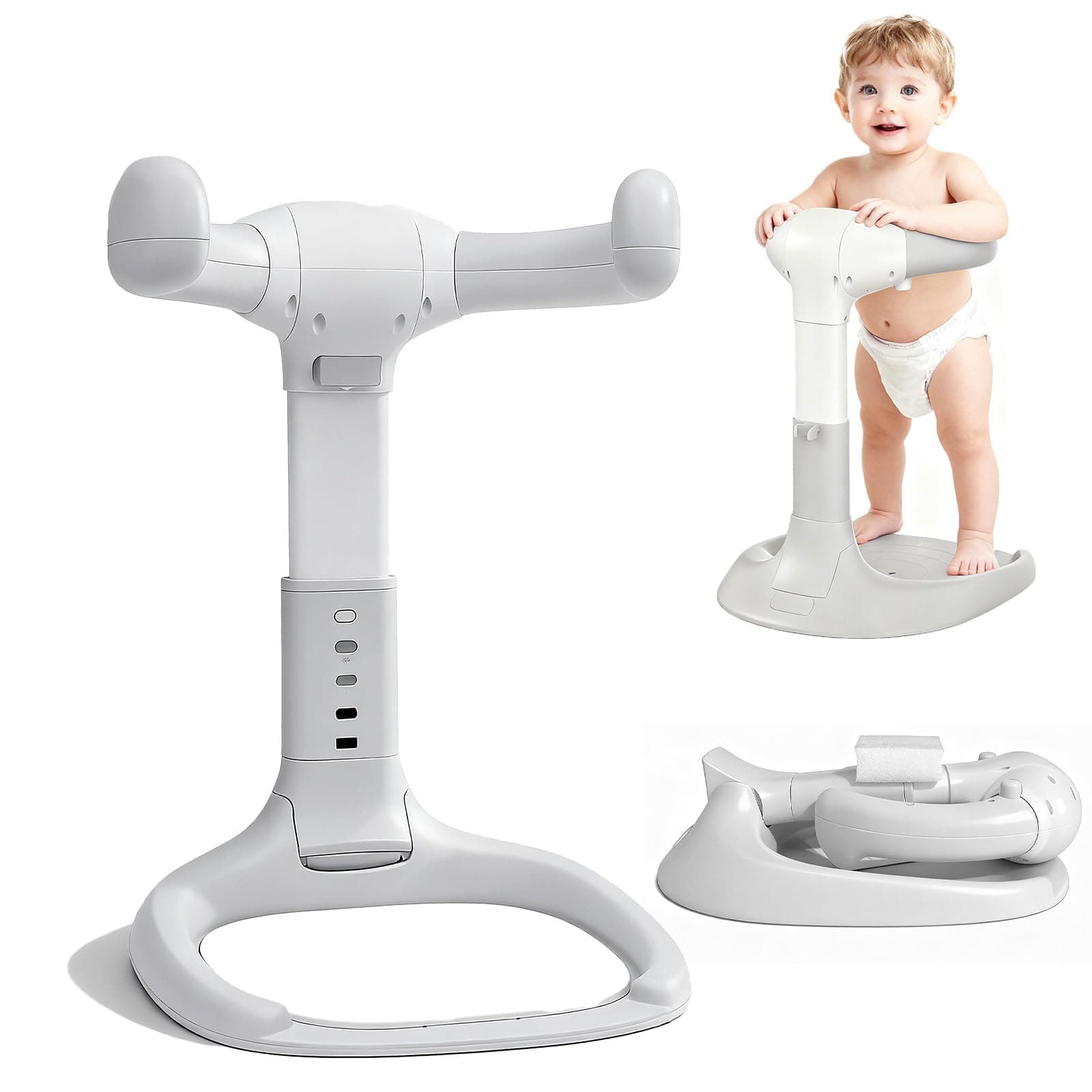 Caiuiyda Baby Shower Stand Foldable Toddler Shower Standing Support with Anti-Slip Base Adjustable Infants Bath Support for 8-36 Months Portable Bath Helper (Upgraded-Grey)