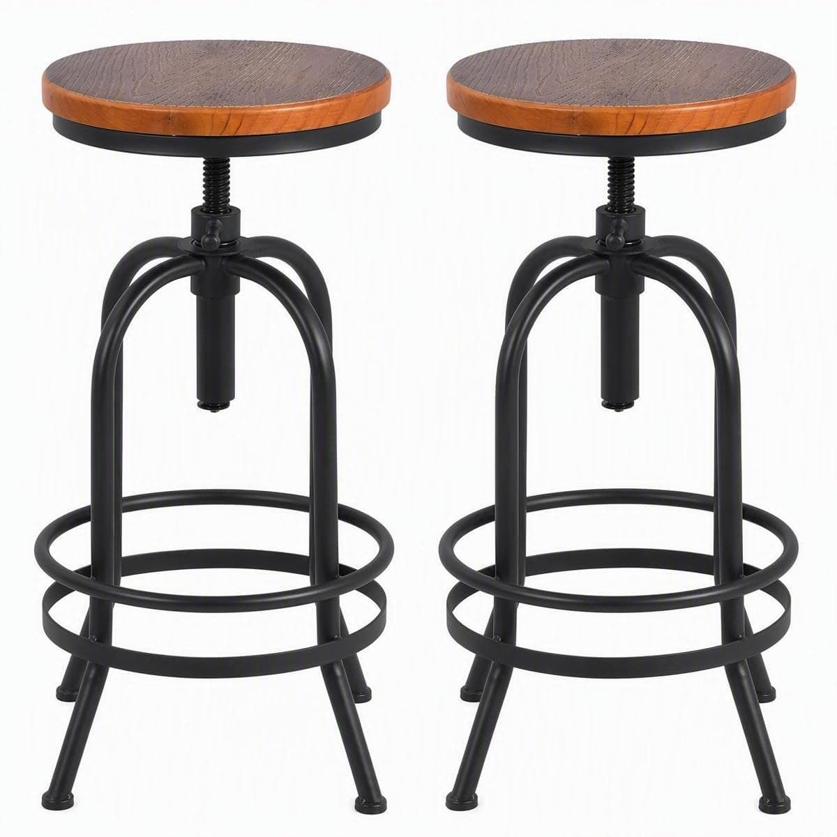 BOKKOLIK Set of 2-Industrial Bar Stool-Retro 26-32.3inch Swivel Stools-Extra Tall Kitchen Chair-Bar Counter Height Adjustable-Fully Welded (Black 2PCS)