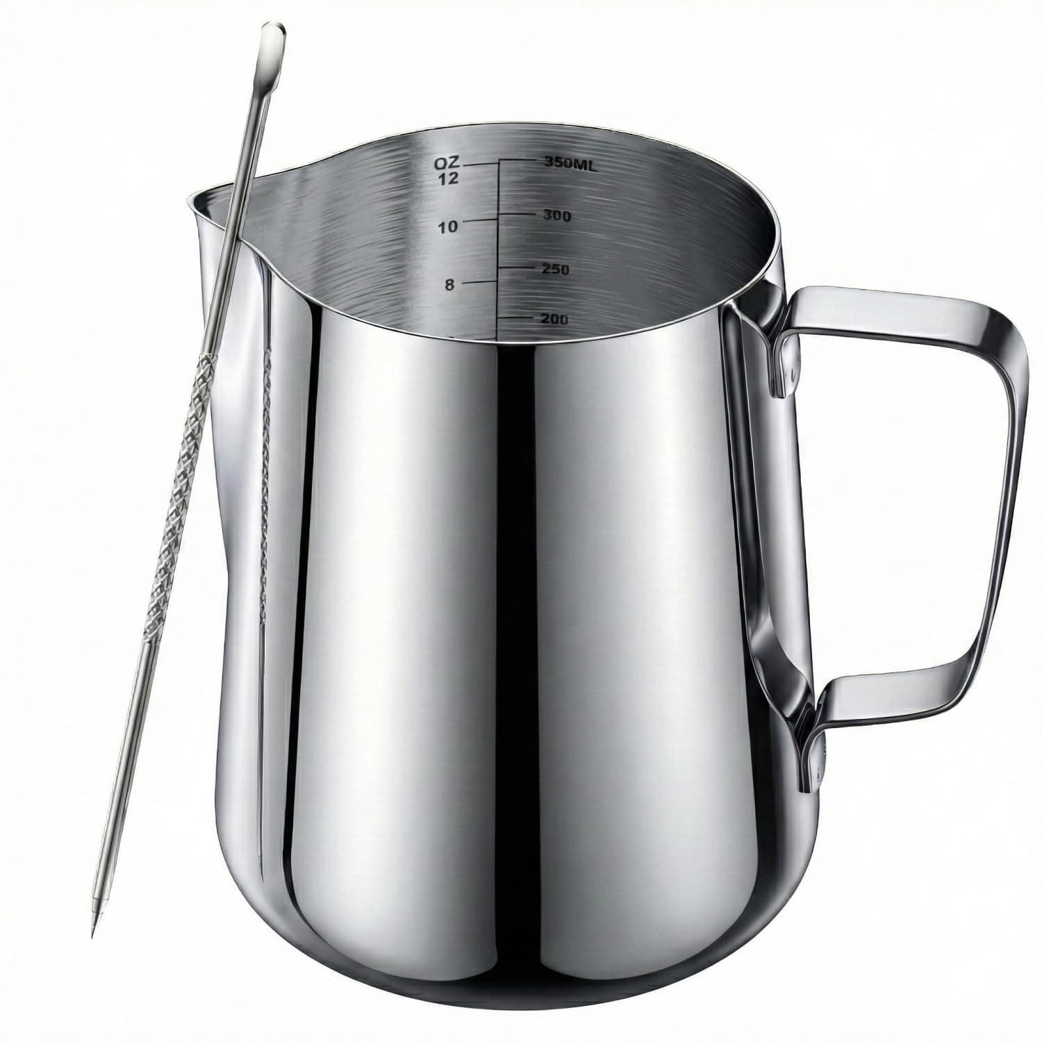 Milk Frothing Pitcher 12oz (350ml) & Latte Art Pen - Stainless Steel Milk Jug for Espresso Machine, Metal Creamer Frother Cup (Pichet à Lait/Mousseur), Measurement Markings, Silver