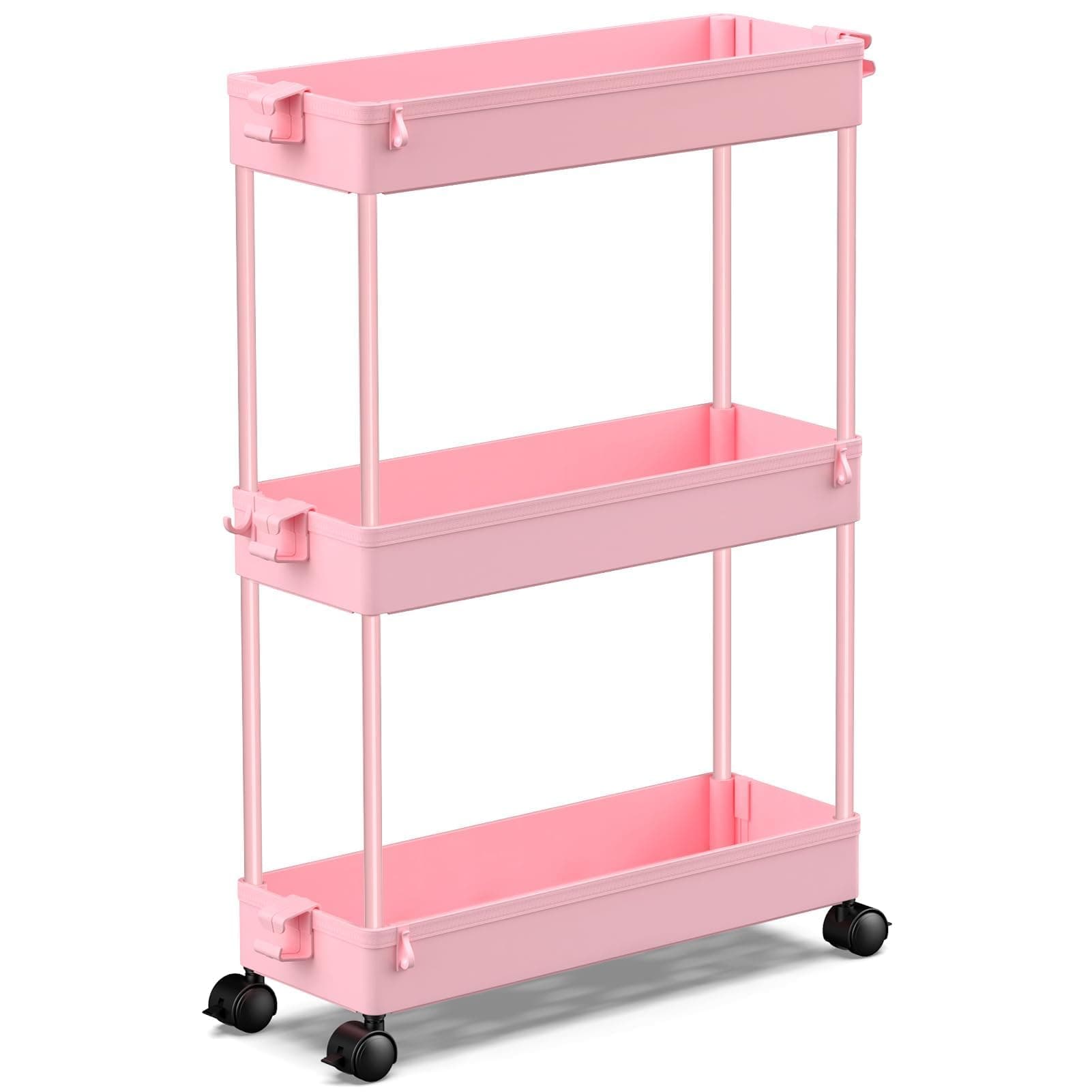 SPACEKEEPER Slim Rolling Storage Cart, 3 Tier Bathroom Cart Organizer, Pink