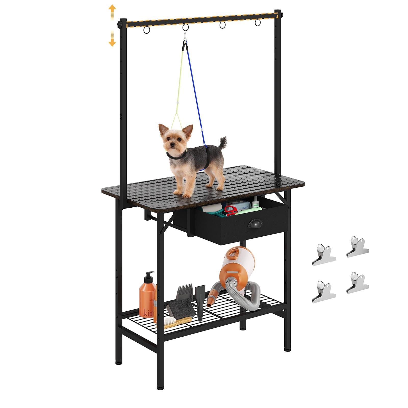 Dog Grooming Table with Drawers and Mesh Tray,32 Inch Adjustable Pet Grooming Table with Non-slip Removable Washable Mat and EVA Protective Lanyard ,Professional Grooming Table for small Dogs at Home