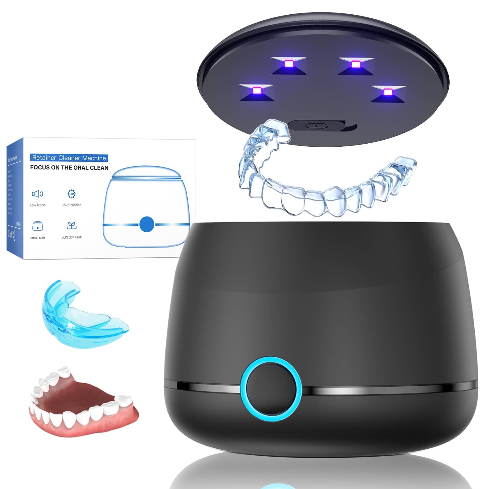 Midomi 45kHz Retainer Denture Cleaner Machine, Upgraded Jewelry Cleaner, 5min and 10min Timer with Rechargable Top Cover, 200ml Dental Cleaning Pod, MouthGuard Cleaner for Aligner NightGuard