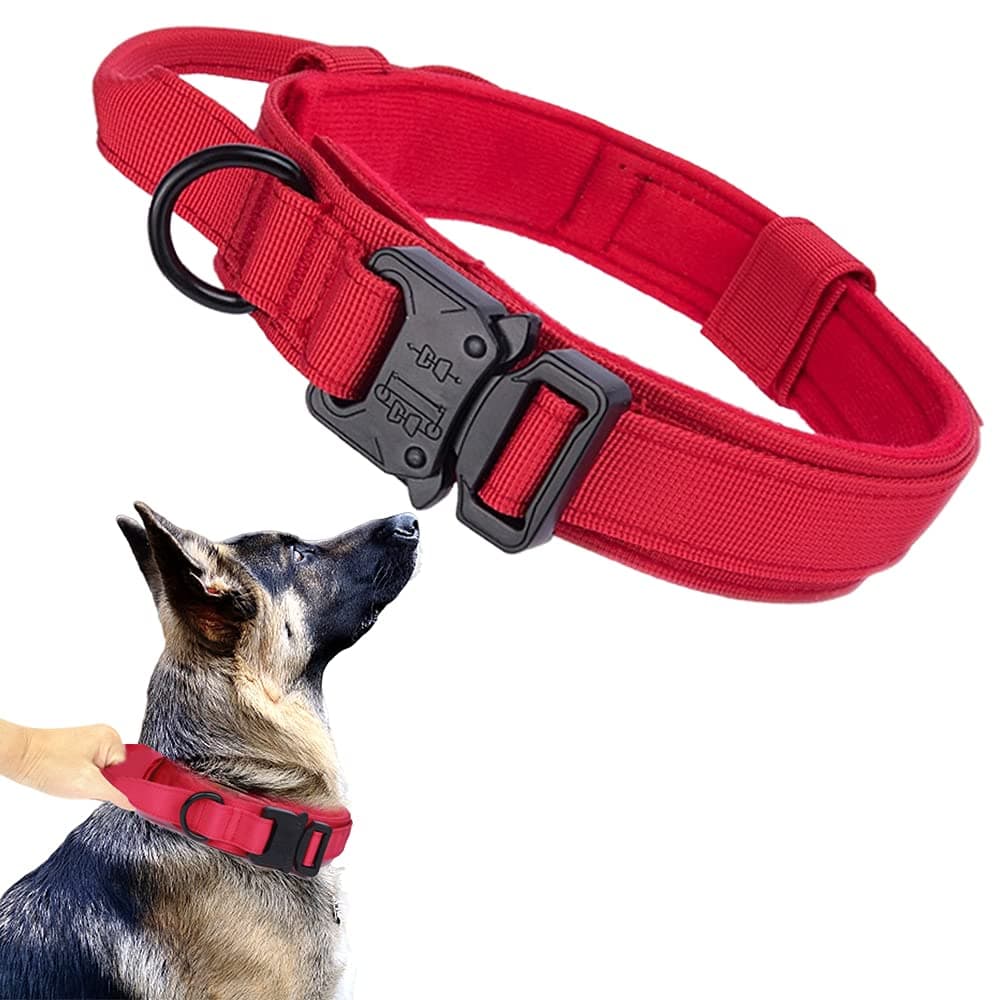 Tactical Dog Collar Military Dog Collar Adjustable Nylon Dog Collar Heavy Duty Metal Buckle with Handle for Dog Training (Red,M)