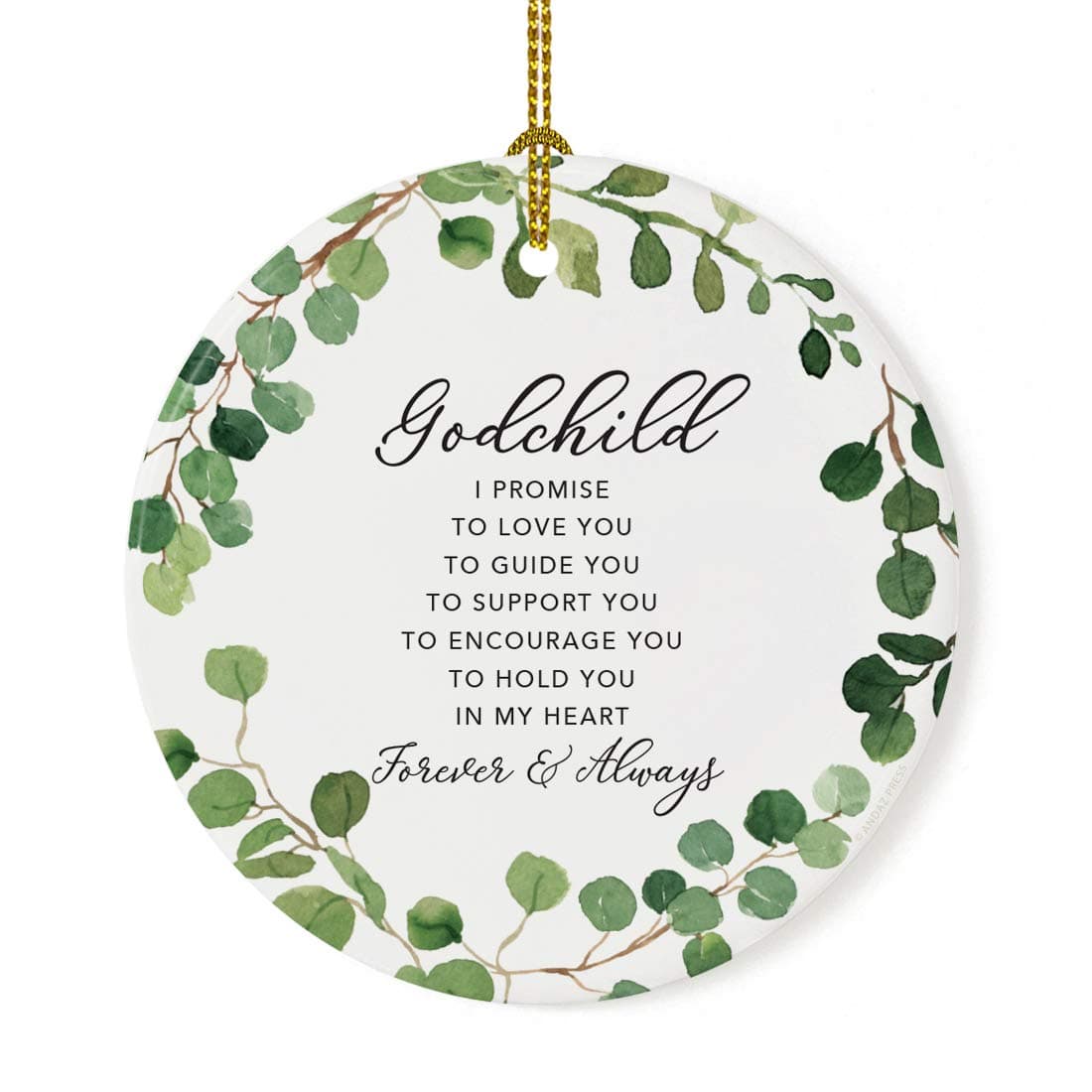 Andaz Press Round Ceramic Porcelain Christmas Tree Ornament Keepsake Collectible Gift, Godchild I Promise to Love You, Farmhouse Eucalyptus Wreath, 1-PackBaby Shower Baptism Christening Gift Ideas