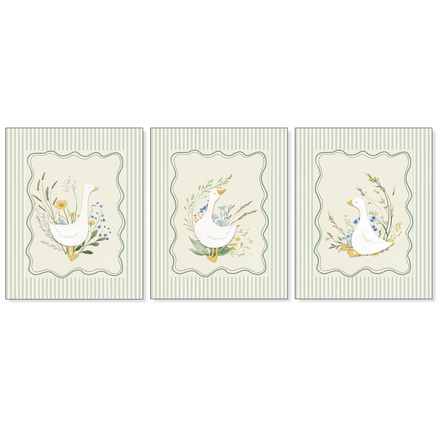 Pleonox Sage Green Silly Goose Nursery Wall Art Prints 8x10 Inch Set of 3, Goose Cottagecore Floral Botanical Pictures Wall Decor for Baby Girl Nursery Room Bedroom Dorm Apartment, Unframed