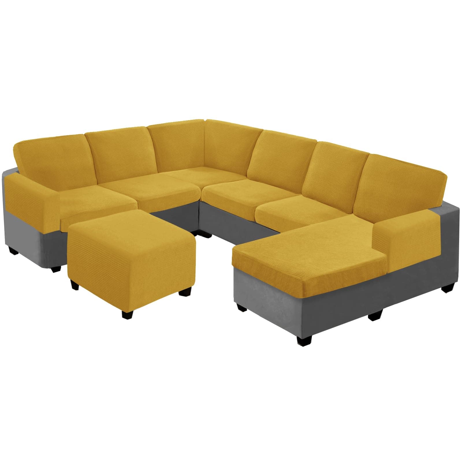 Seat Cushion Cover and Back Covers for Corner Sofa Stretch Jacquard, Non Slip L Shaped Sofa Slipcover with Storage Ottoman, Sectional Couch Cover for Chaise Lounge (Gold,31 x 45 x 6”)