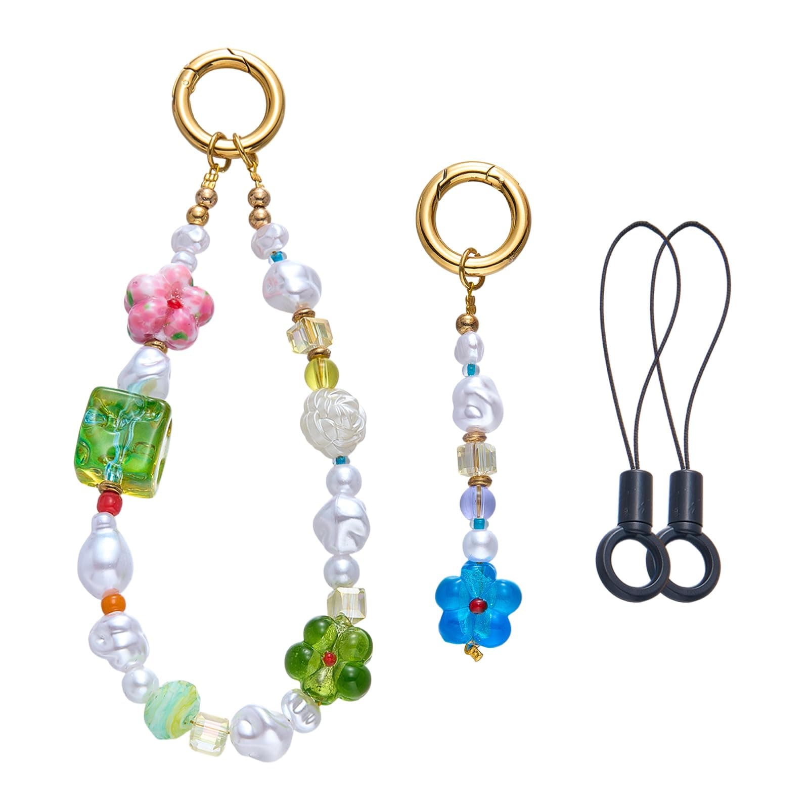 2 Sets Handmade Beaded Phone Charm Colorful Phone Wrist Strap Cute Pearl Beaded Wristlet Decoration Universal Cellphone Chain Lanyard Bracelet Accessories for Camera Bag Keychain