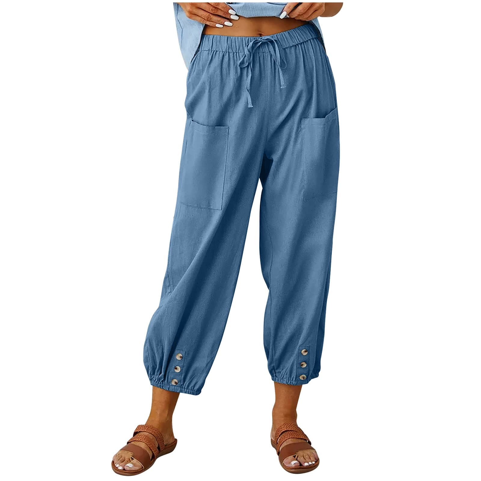 Larmliss Women's Capri Pants High Waist Drawstring Cinch Bottom with Button Cotton Loose Casual Trouser with Pockets Blue