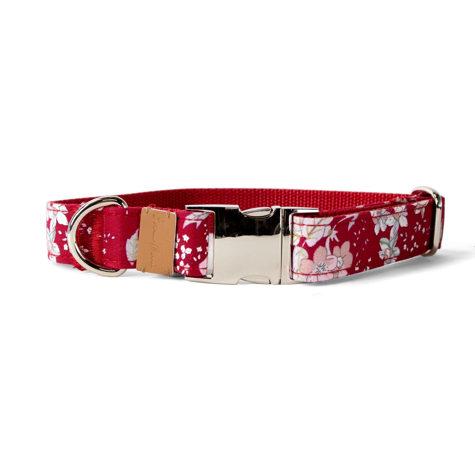 Sam & Maui Cotton Floral Dog Collar with Shiny Chrome Silver Metal Buckle, 11-Red,Medium