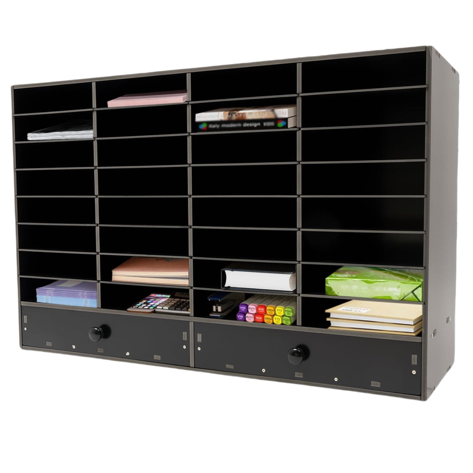 MhdunueSK Mail Sorter Organizer, Black Student Mailbox for Classroom, Desktop File Sorter, Literature Organizer, Paper Organizer for Home School Office (Black 32 Compartment with 2 Drawers)