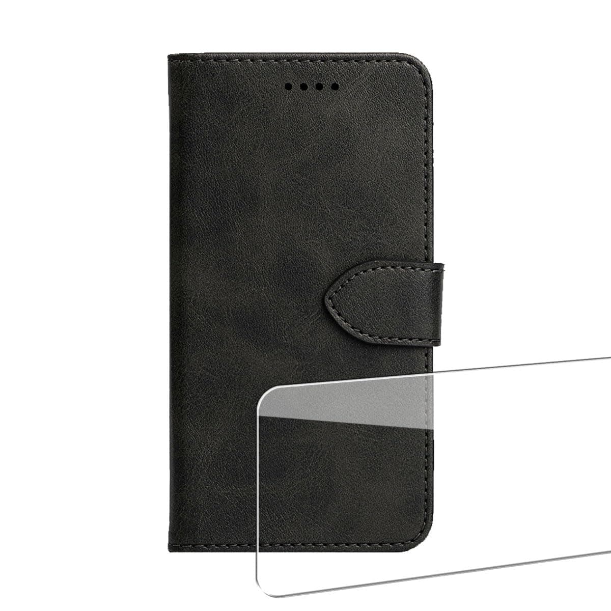 WQTYLDMY Magnetic for TCL NxtPaper 60 Ultra Leather Case + 1 Pcs Tempered Glass Screen Protector - Shockproof Leather Flip Credit Card Holder Stand Cell Accessories (Black)