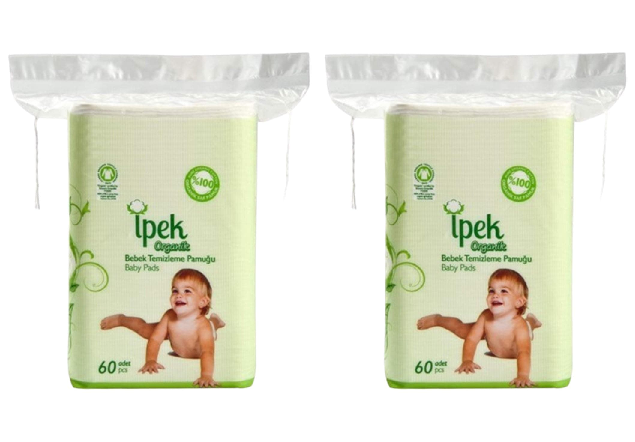 IPEK Baby Organic Large Dry Pads Pure 100% Cotton Squares for Baby Care Diapering, Organic Maxi Baby Pads, Pack of 2 (Organic 60 Count)